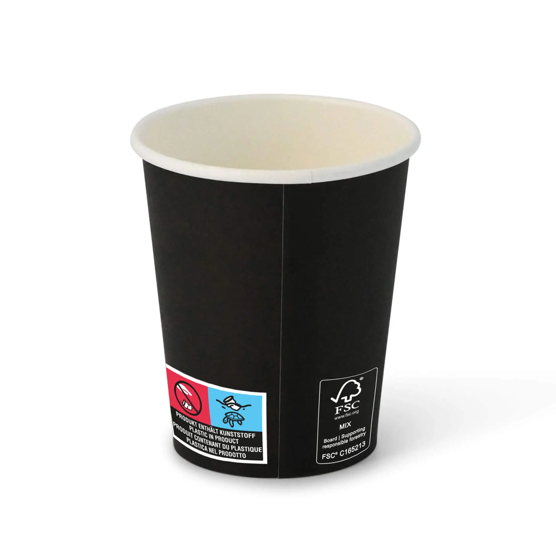 Black 8 oz paper cup with a round shape, featuring a white interior and visible labels on the side.