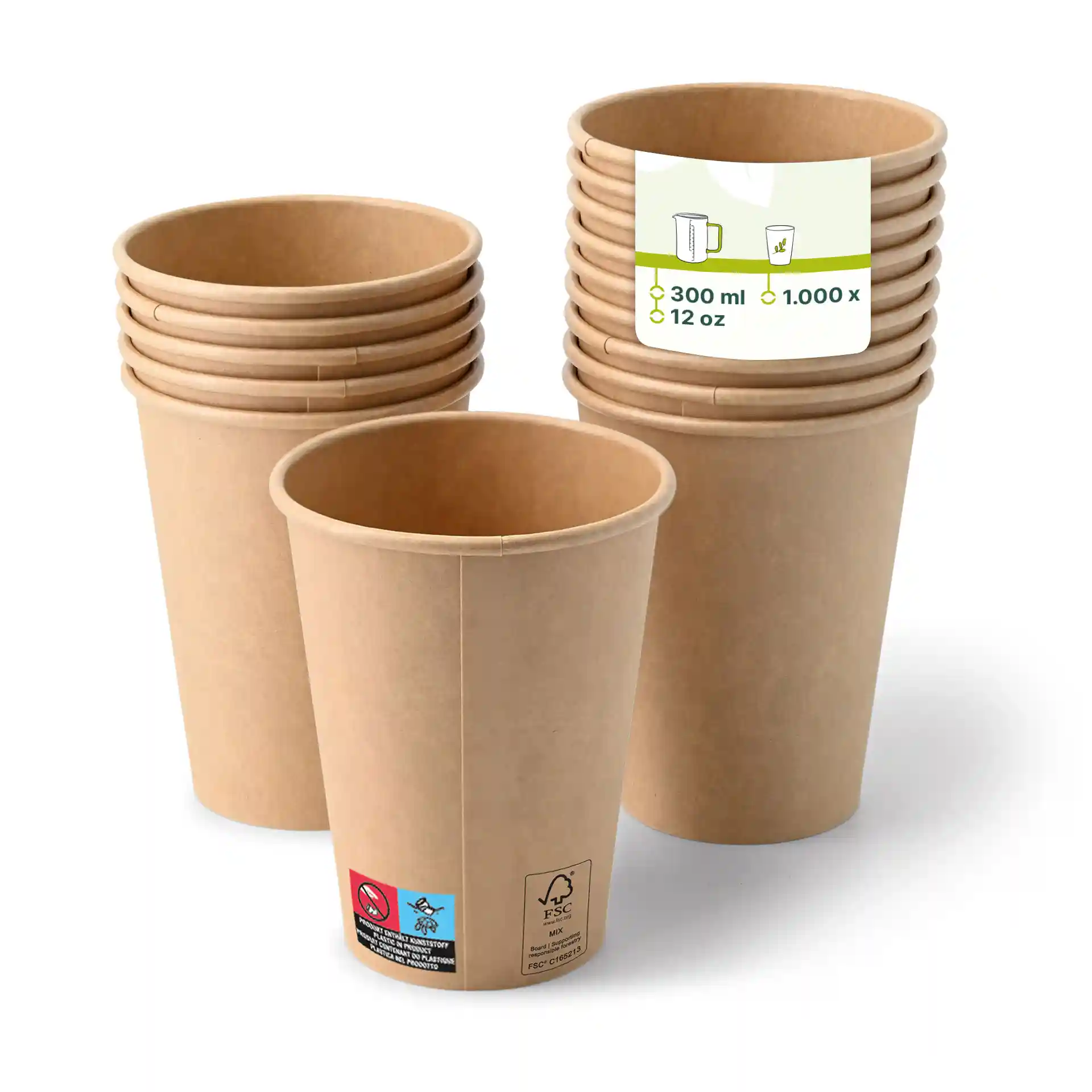 Brown paper cups stacked, with one cup in front showing a label and a total of several cups visible.