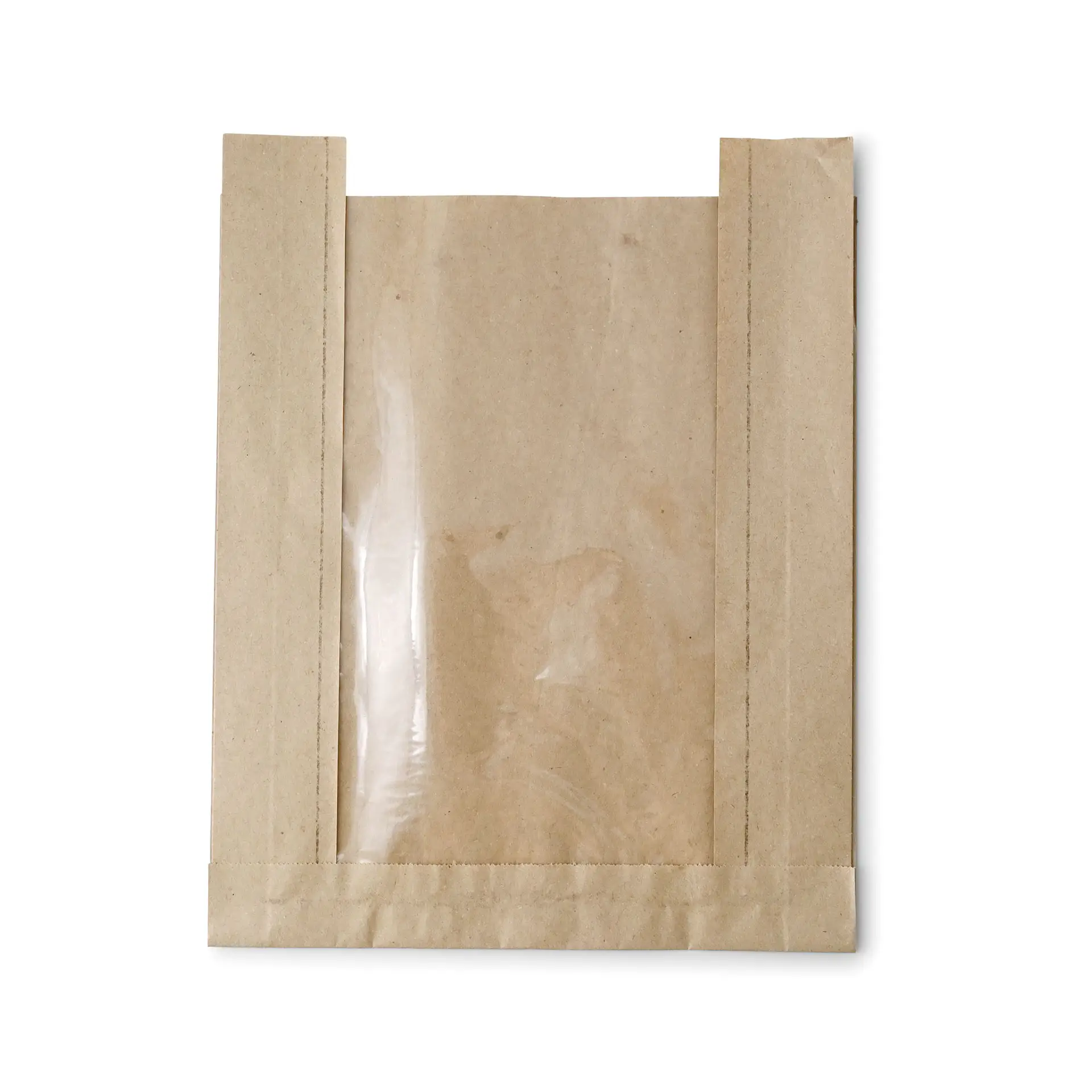 Brown flat paper bread bag with a clear plant-based PLA window; suitable for food items, eco-friendly and biodegradable.