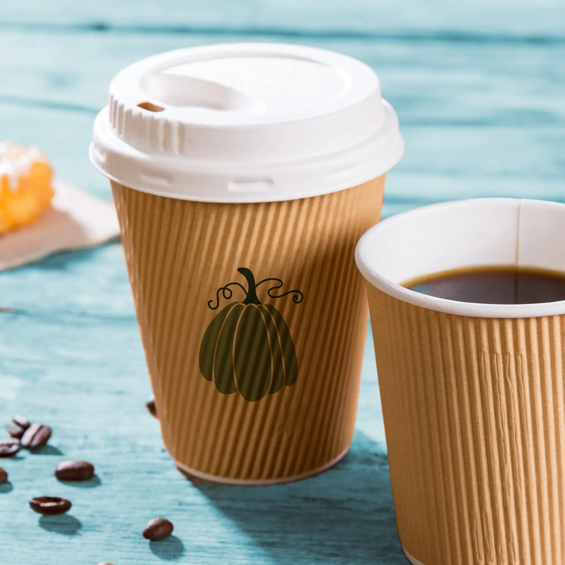 Ribbed cup printed, 250 ml / 10 oz, brown / white, PE-coated