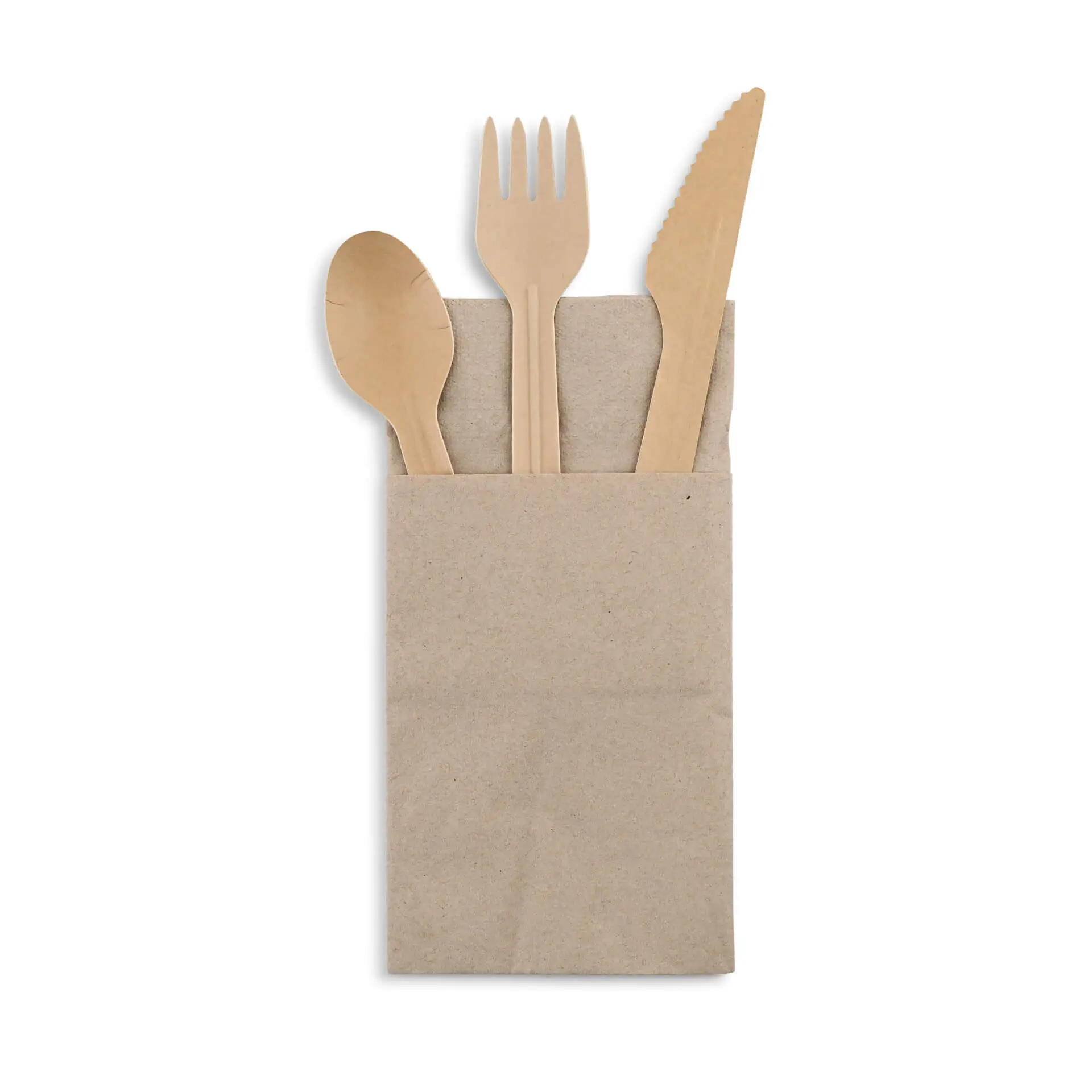 Brown paper utensils including a spoon, fork, and knife in a kraft paper pouch.