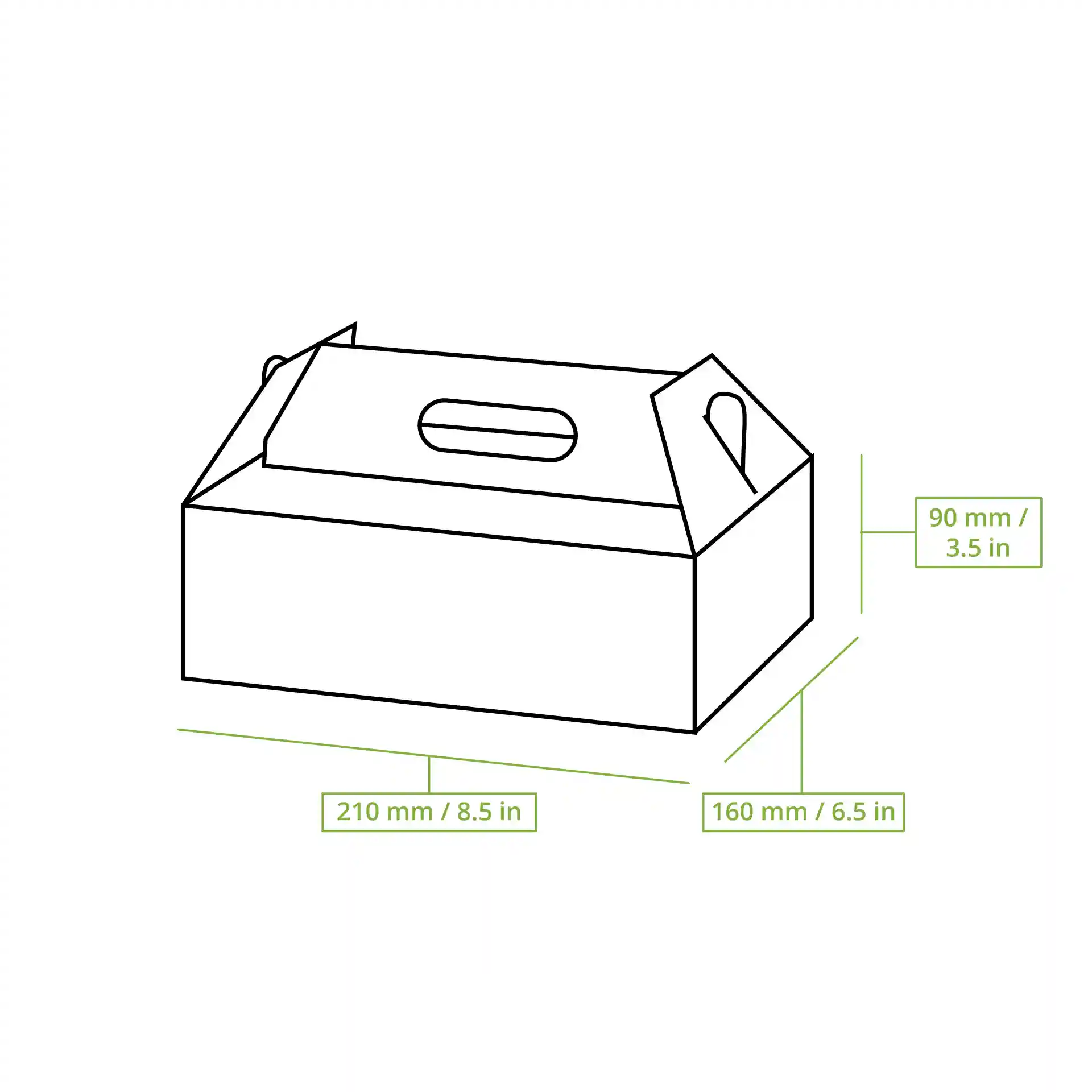 Schematic drawing of a rectangular cardboard pastry box with dimensions labeled: 210 mm length, 170 mm width, 90 mm height.