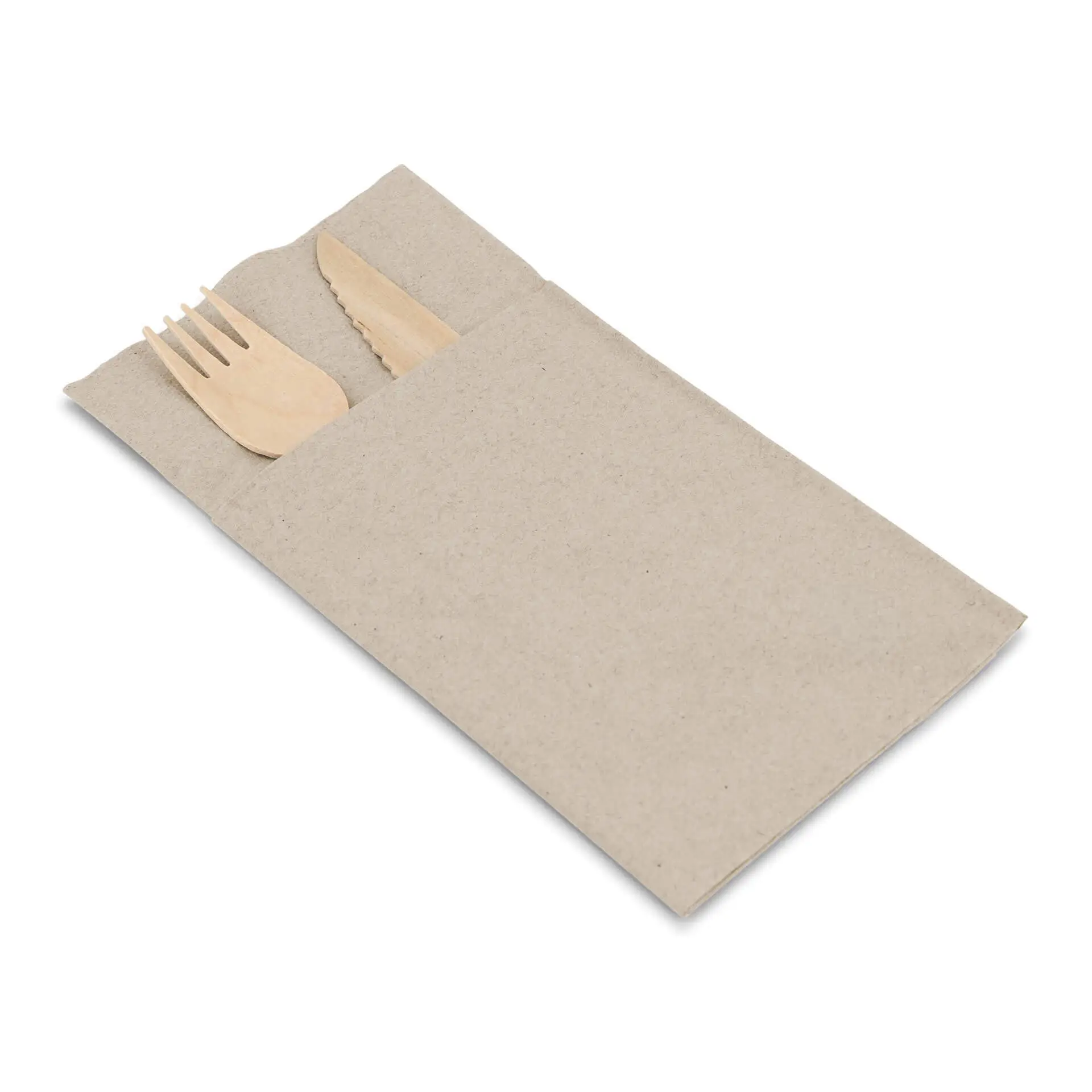 Rectangular unbleached paper pouch containing a wooden fork and knife, measuring 10 x 19.5 cm.