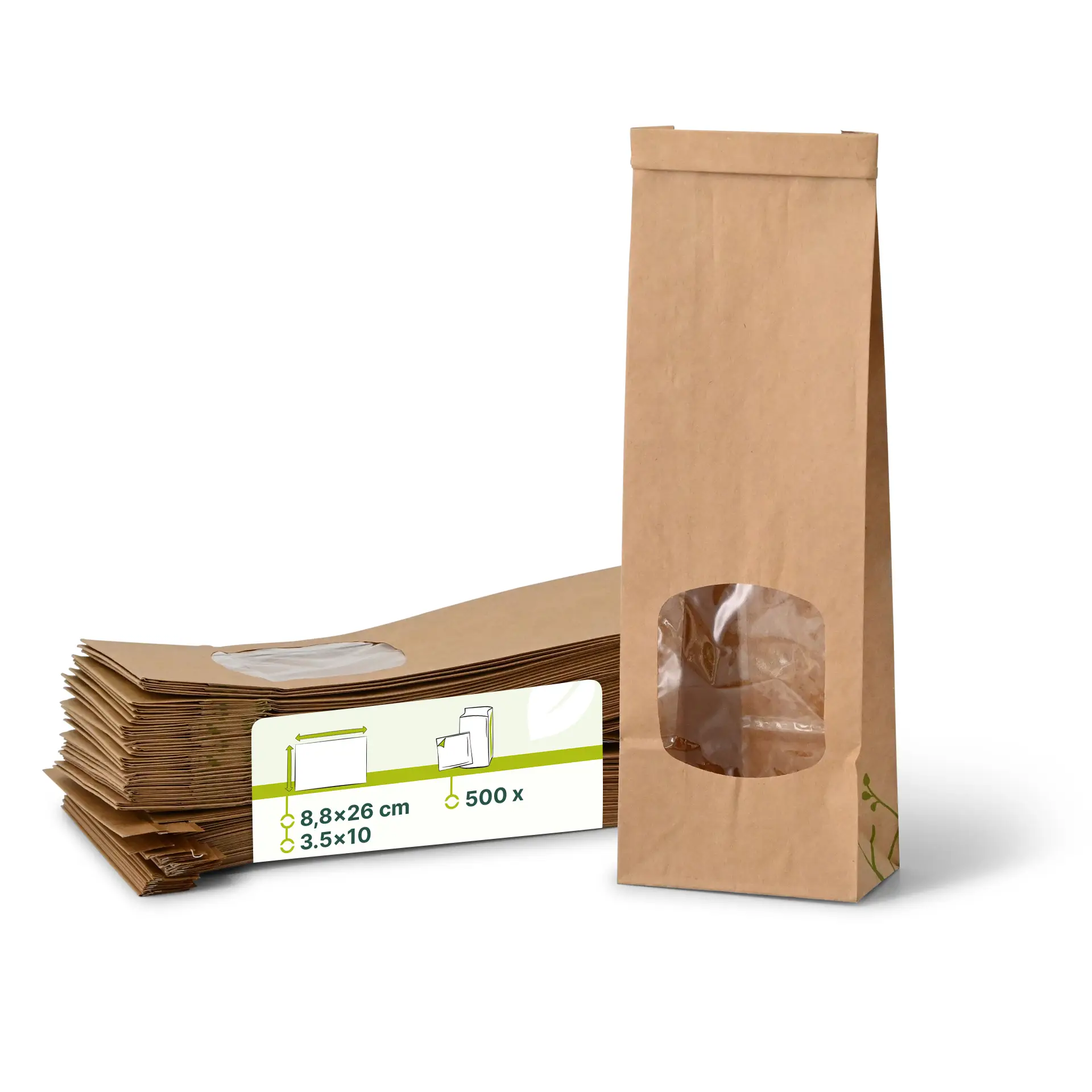 Block bottom bags with window S, 8.8 x 4.7 x 26 cm, PLA-foil, brown, tin tie, kraft paper Block bottom bags with window S, 8.8 x 4.7 x 26 cm, PLA-foil, brown, tin tie, kraft paper