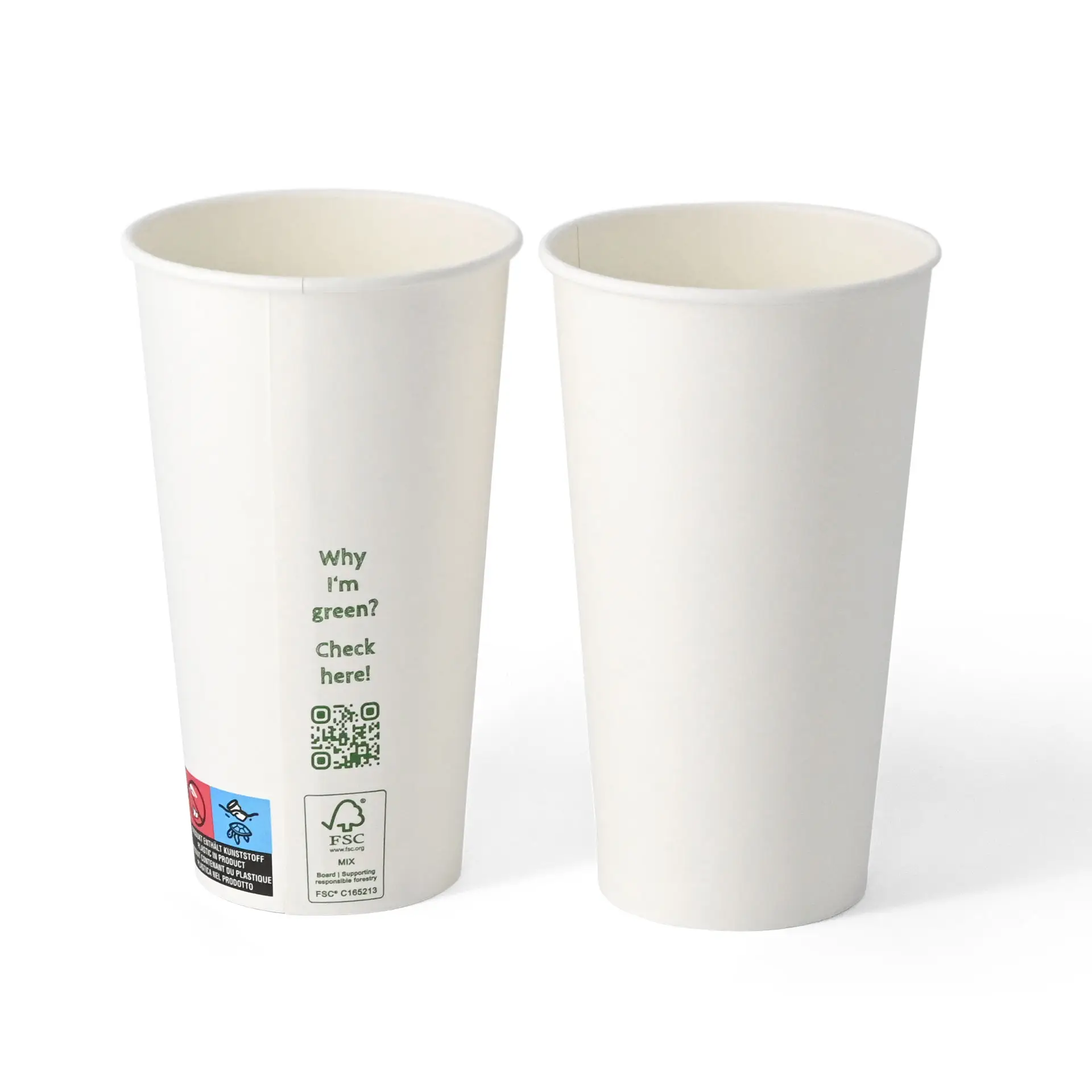 Single-wall white paper cup, 500 ml, PLA-coated, featuring eco-information and QR code on the side.