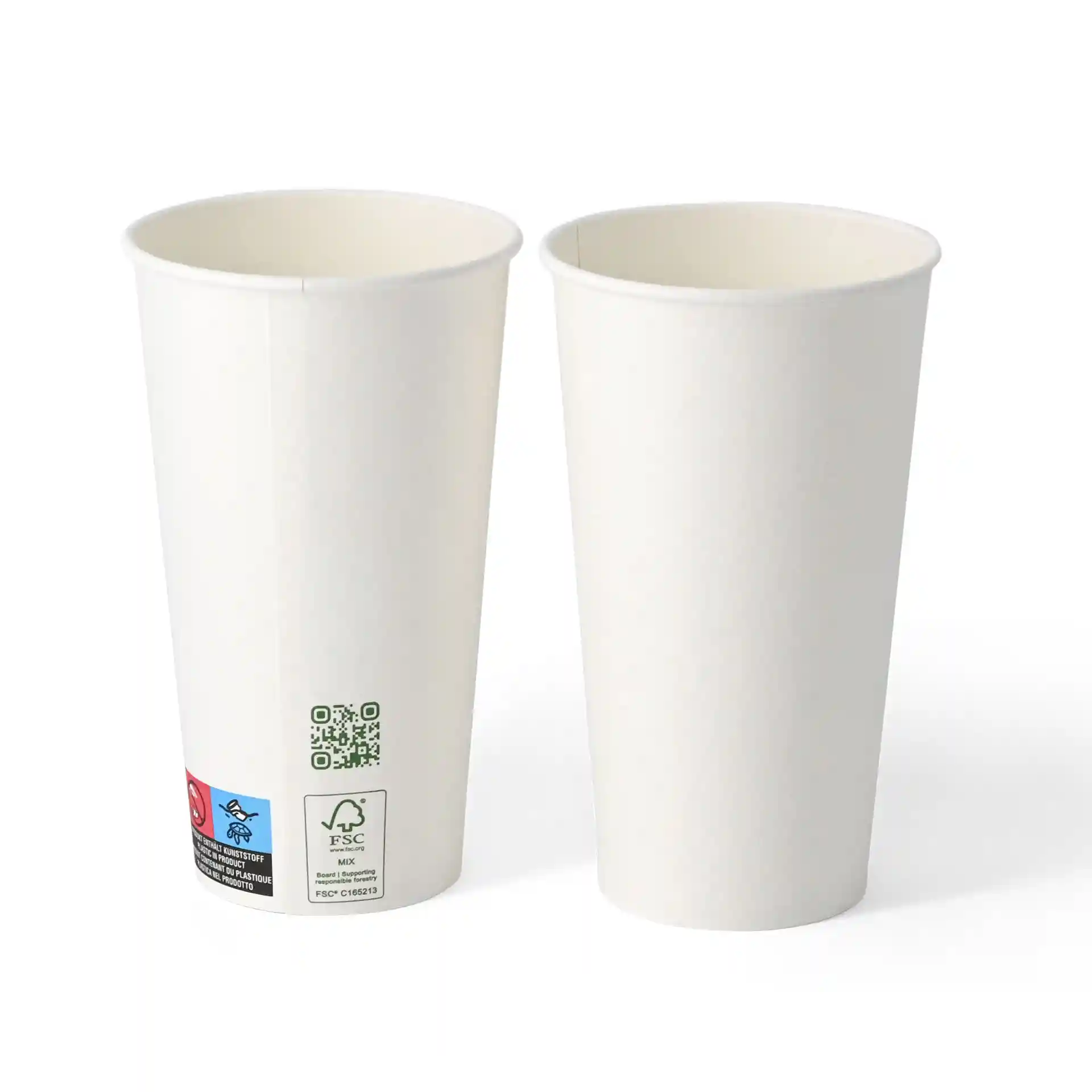 Two white paper cups with a single wall, 500 ml capacity, and a diameter of 90 mm, showing labels on the side.