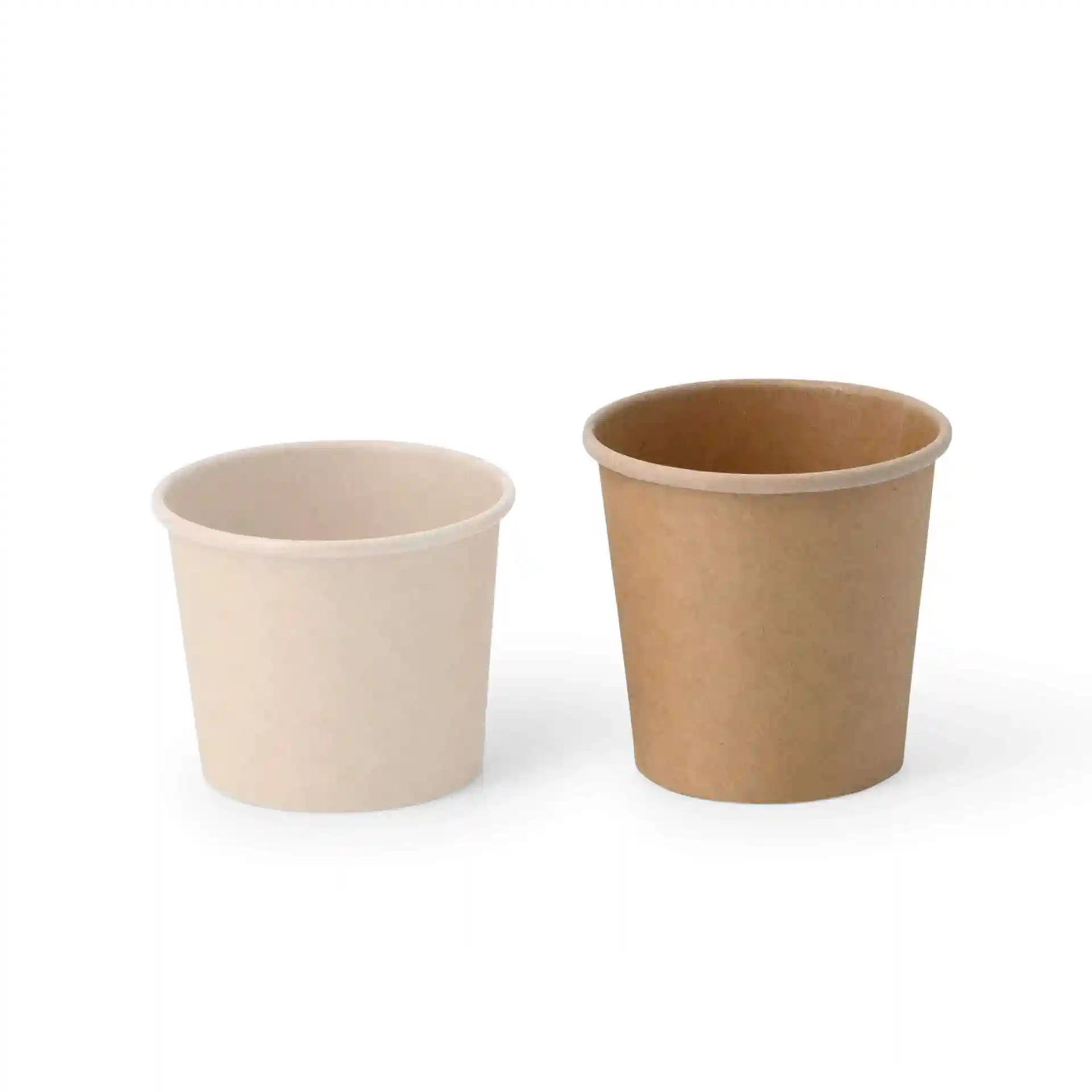 Two round cardboard deli containers, one in a light color and the other in brown, both with a coated finish.