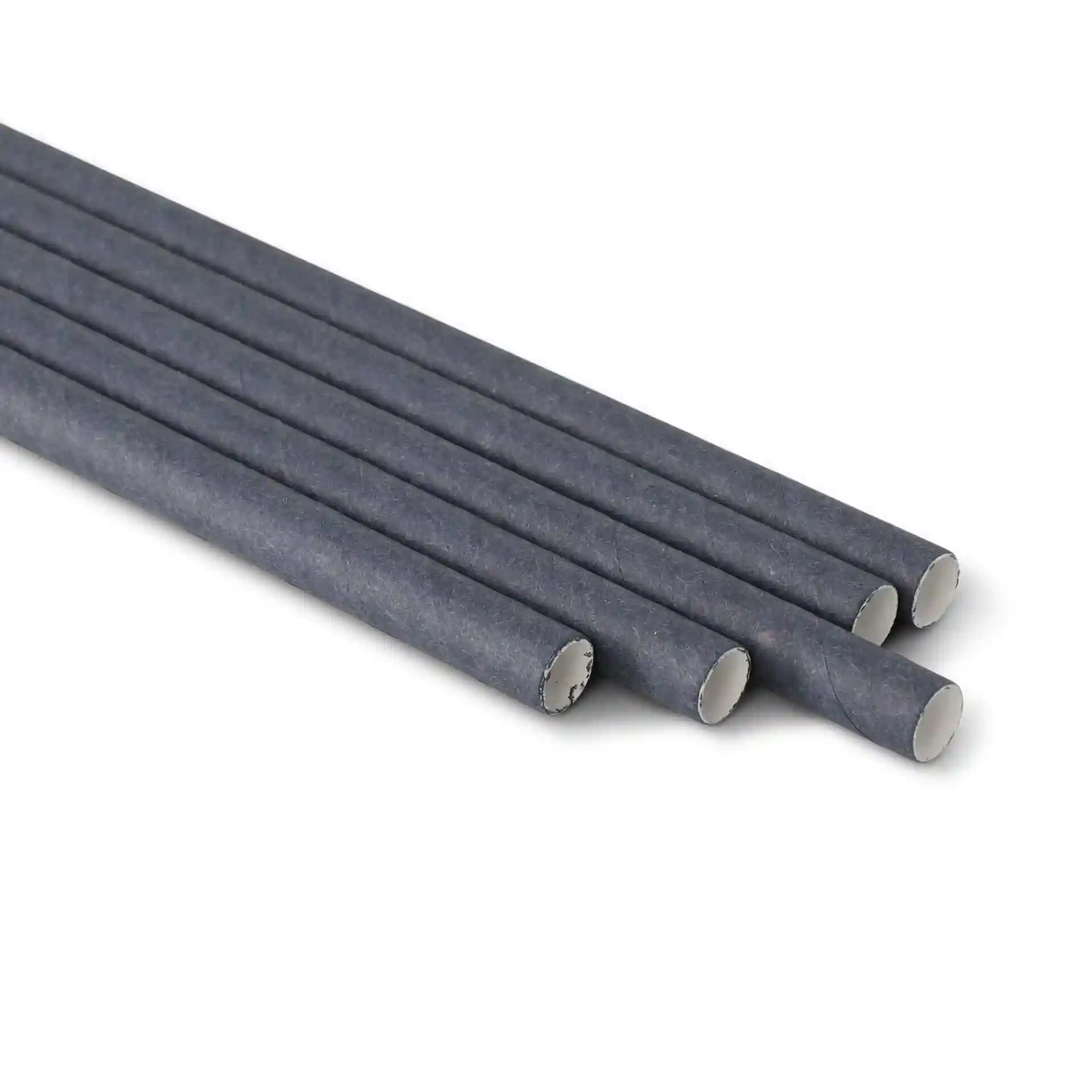 Black paper cocktail straws, 15 cm long and 0.7 cm in diameter, arranged in a group on a white background.