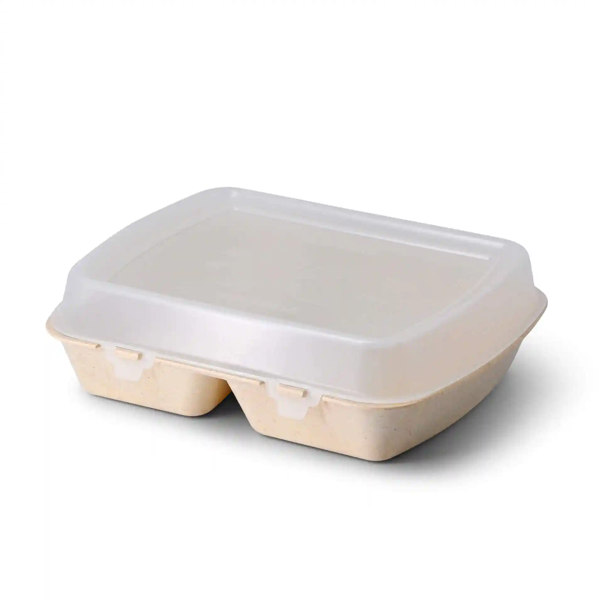 Reusable meal container with a cream white bio compound body and a clear lid, featuring two compartments.