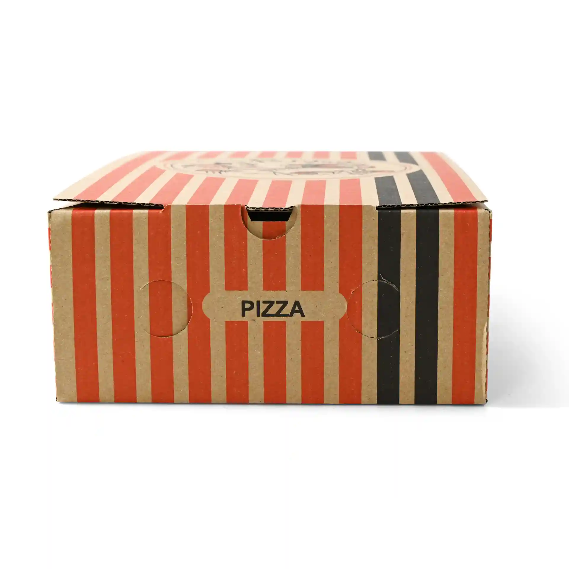 Brown pizza box with red and black stripes, featuring a circular pizza chef design and a label that says "PIZZA".