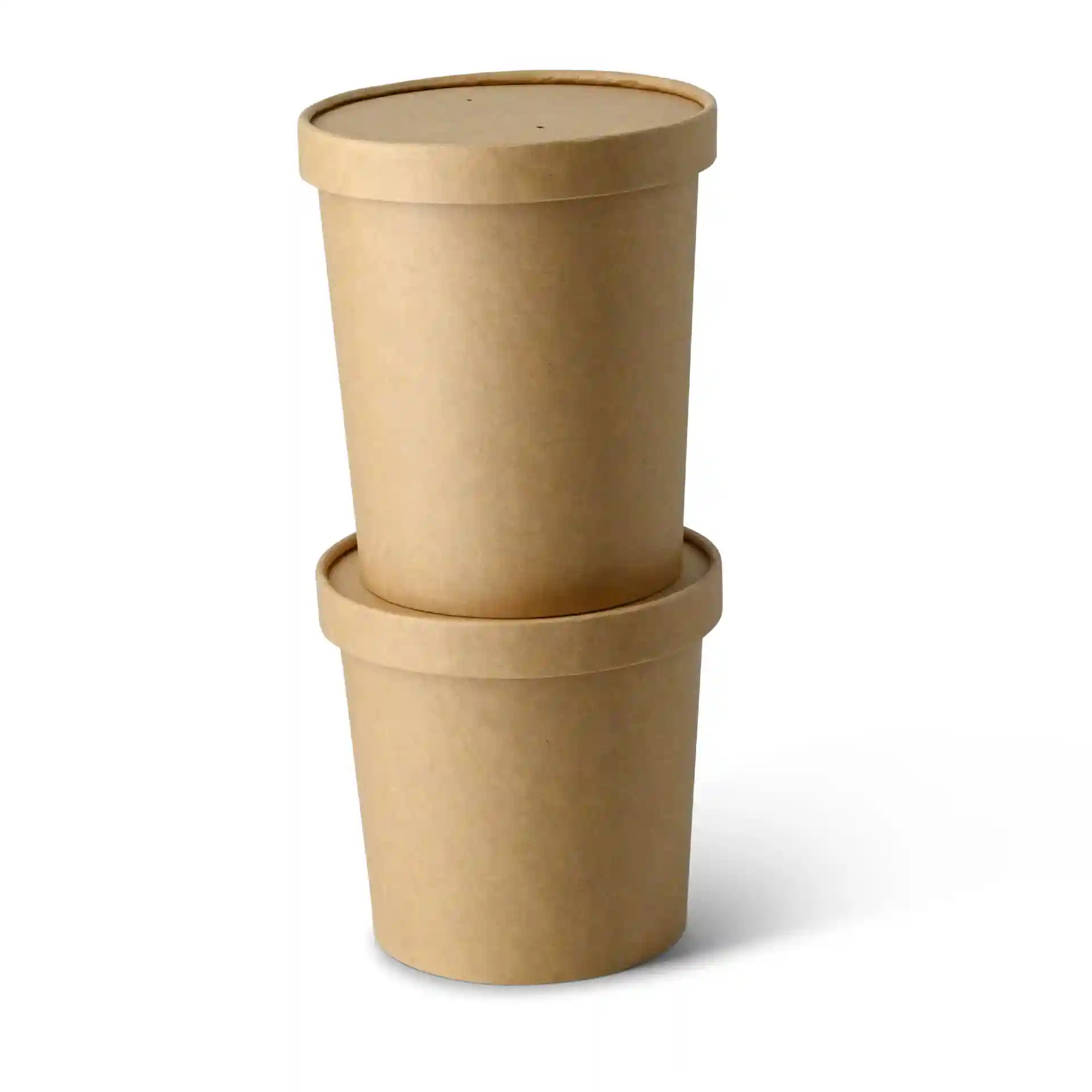 Two round brown cardboard soup cups with lids stacked on top of each other, each with a diameter of 115 mm.