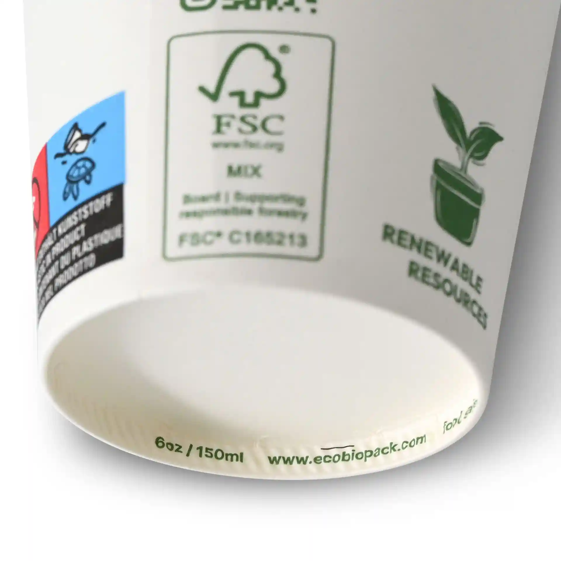 White paper cup with a diameter of 80 mm, featuring various icons and markings on the side.