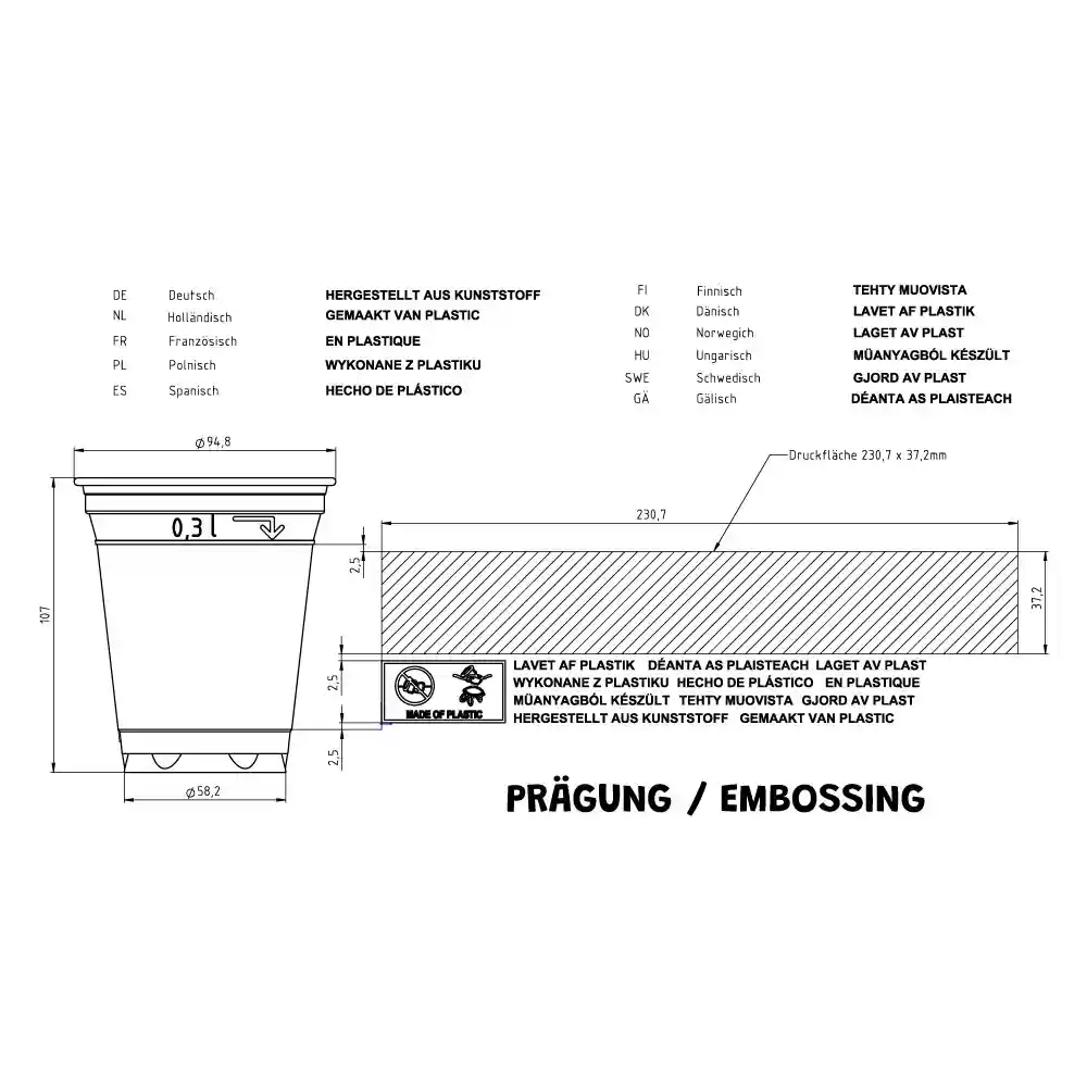 Schematic drawing of a 12 oz plastic cup with dimensions and multilingual labels, showing a transparent design.