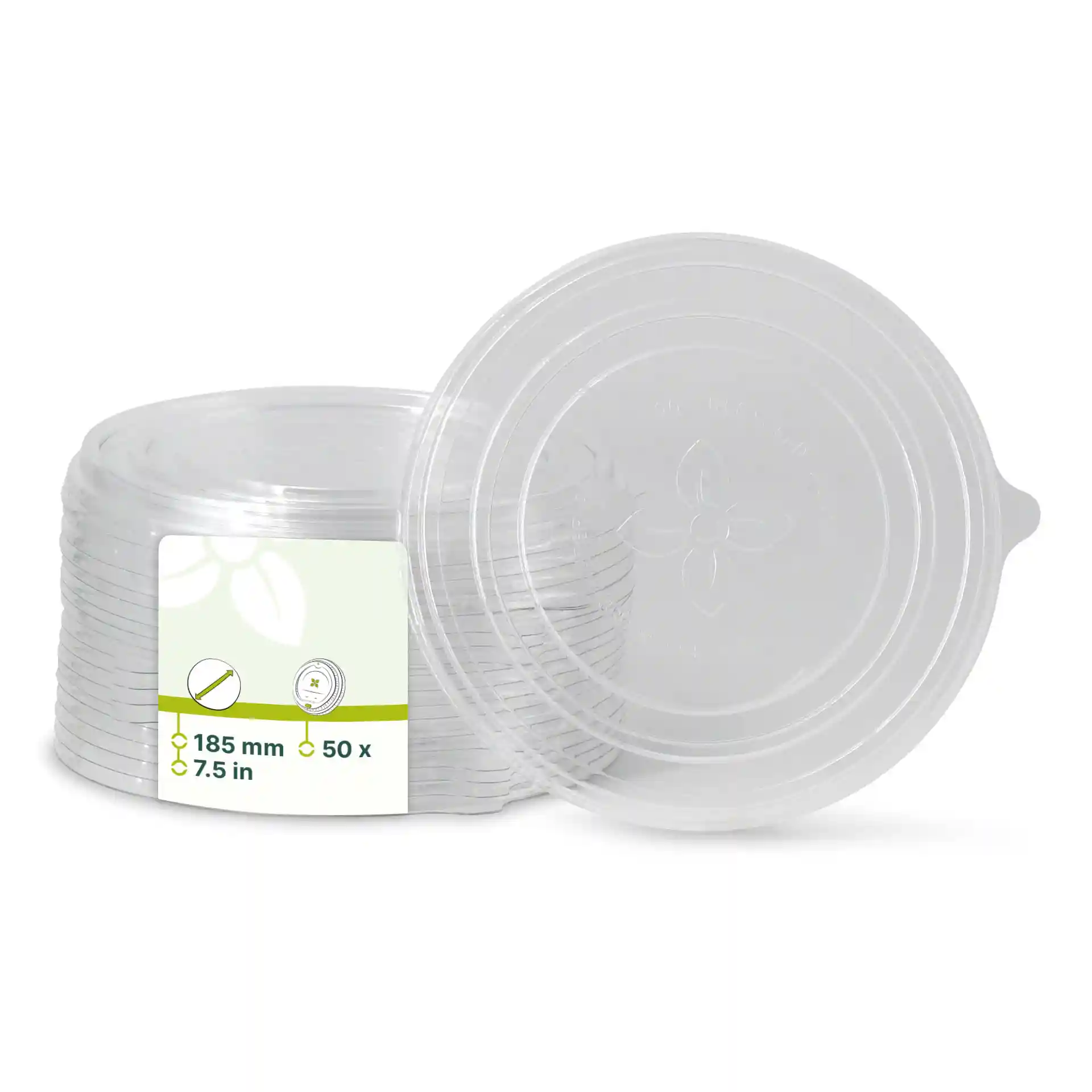 Clear round cup lids made of rPET, measuring 185 mm in diameter, stacked with a label showing product details.