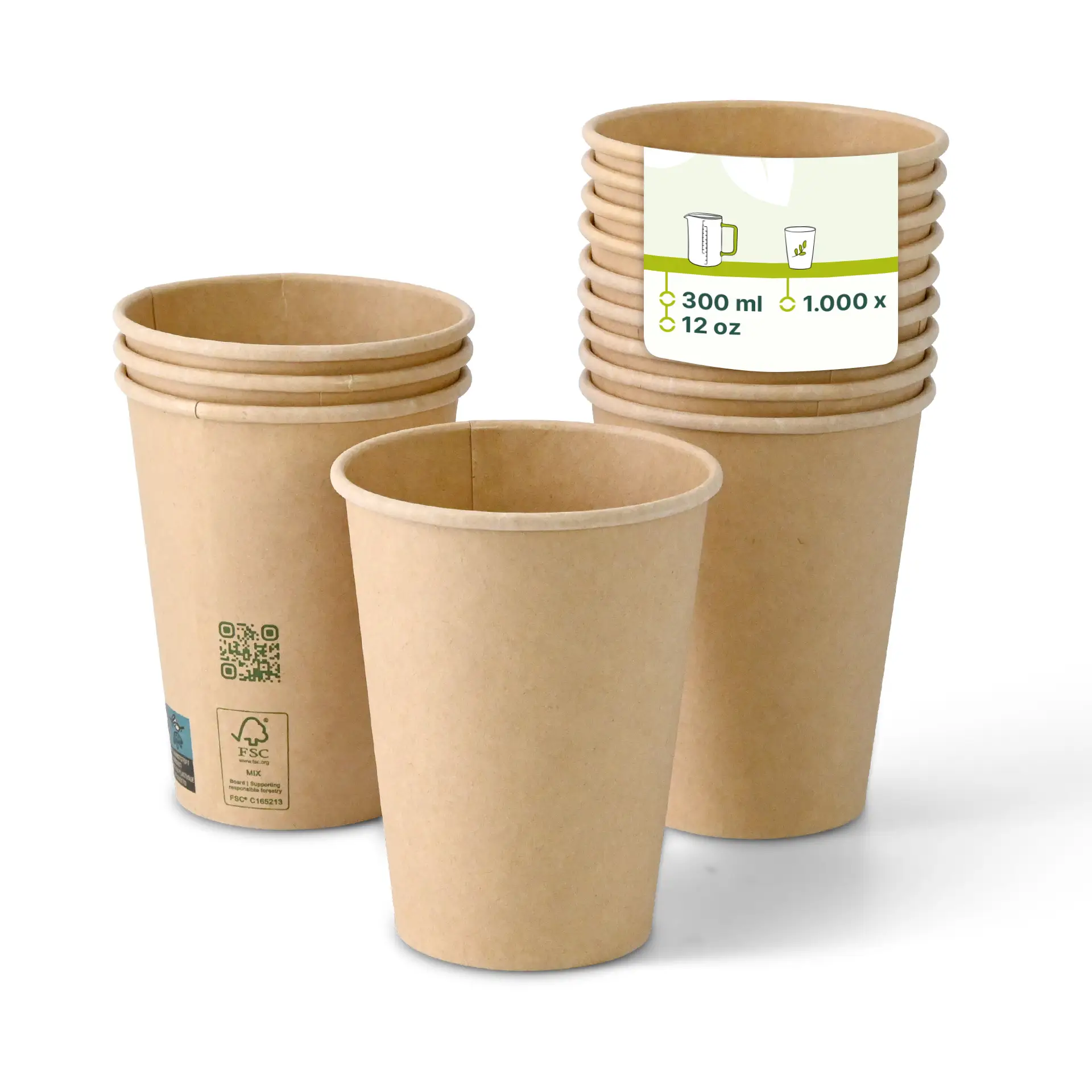 Brown paper cups stacked, single wall, 300 ml capacity, with a label showing dimensions and quantity.