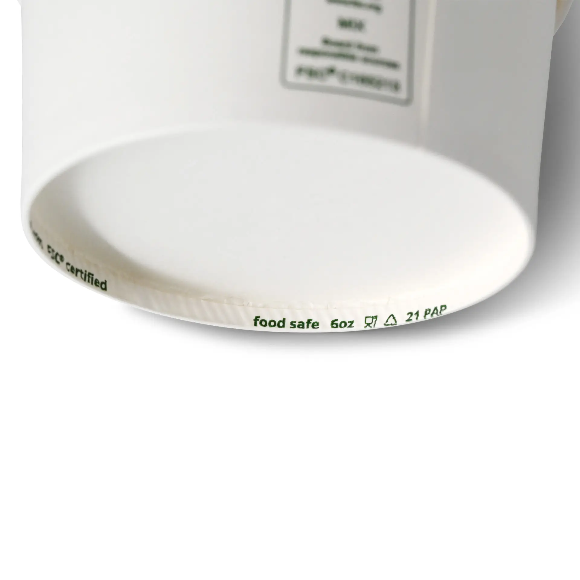 Paper ice cream cup, white; features biodegradable design, FSC-certified, and holds up to 7.5 oz. Displaying home compostable markings.