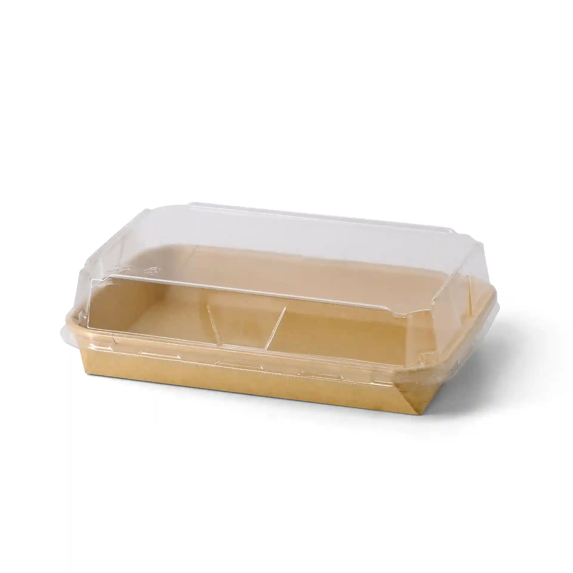 Brown sushi box with a clear lid, measuring 18.5 x 13 x 2.5 cm, featuring two compartments inside.