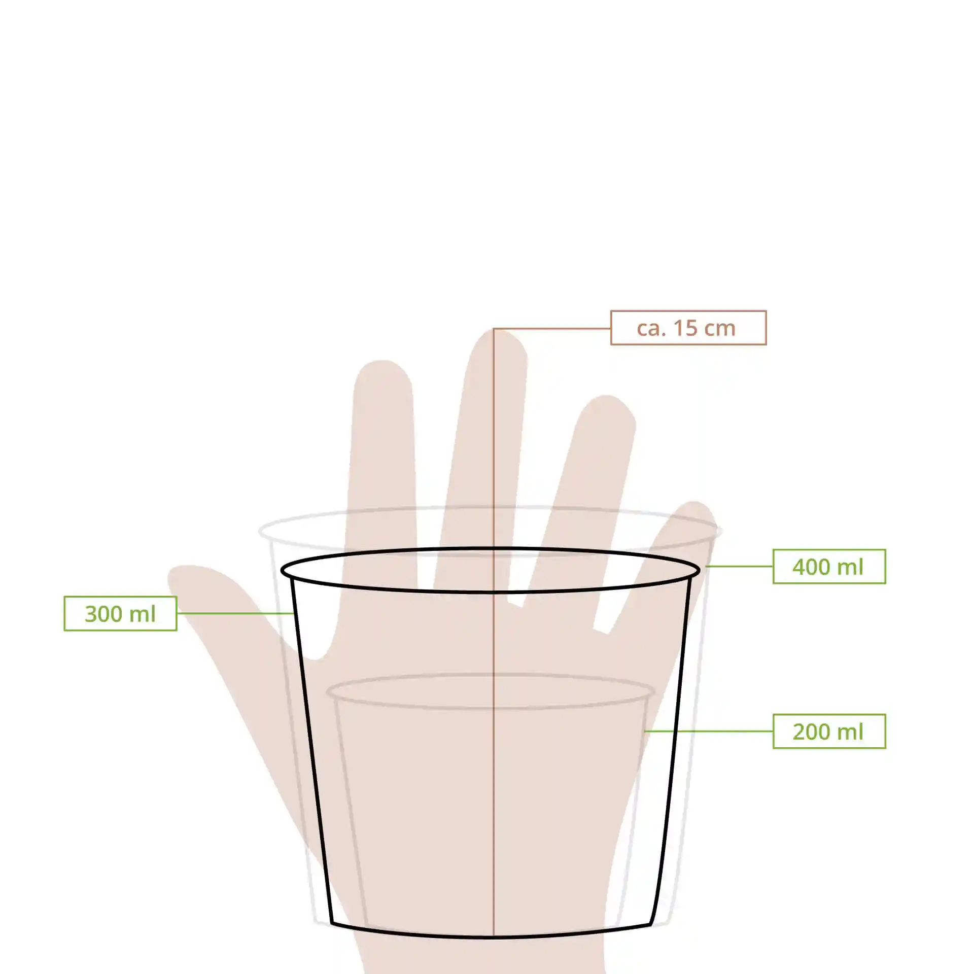 Schematic drawing of a round cardboard soup cup with measurement lines indicating height and volume markings.