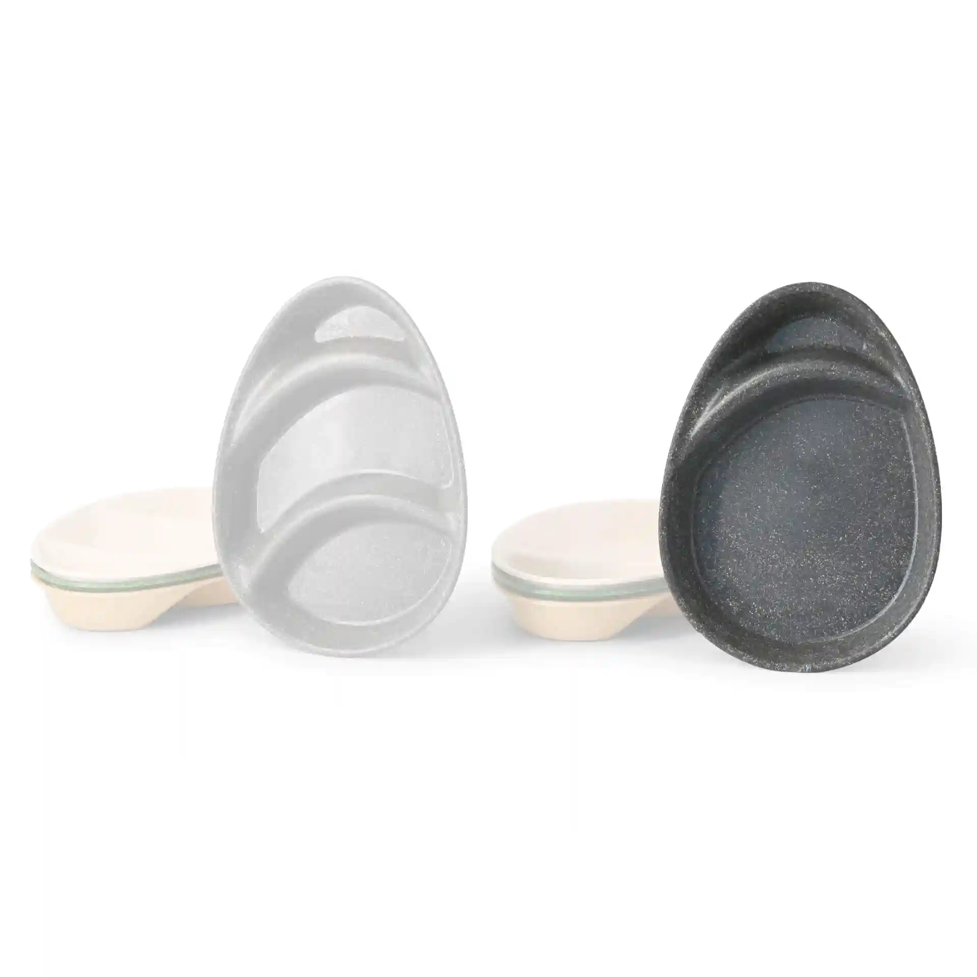 Image of two reusable divided plates in teardrop shape, one grey and one transparent, with two compartments each.