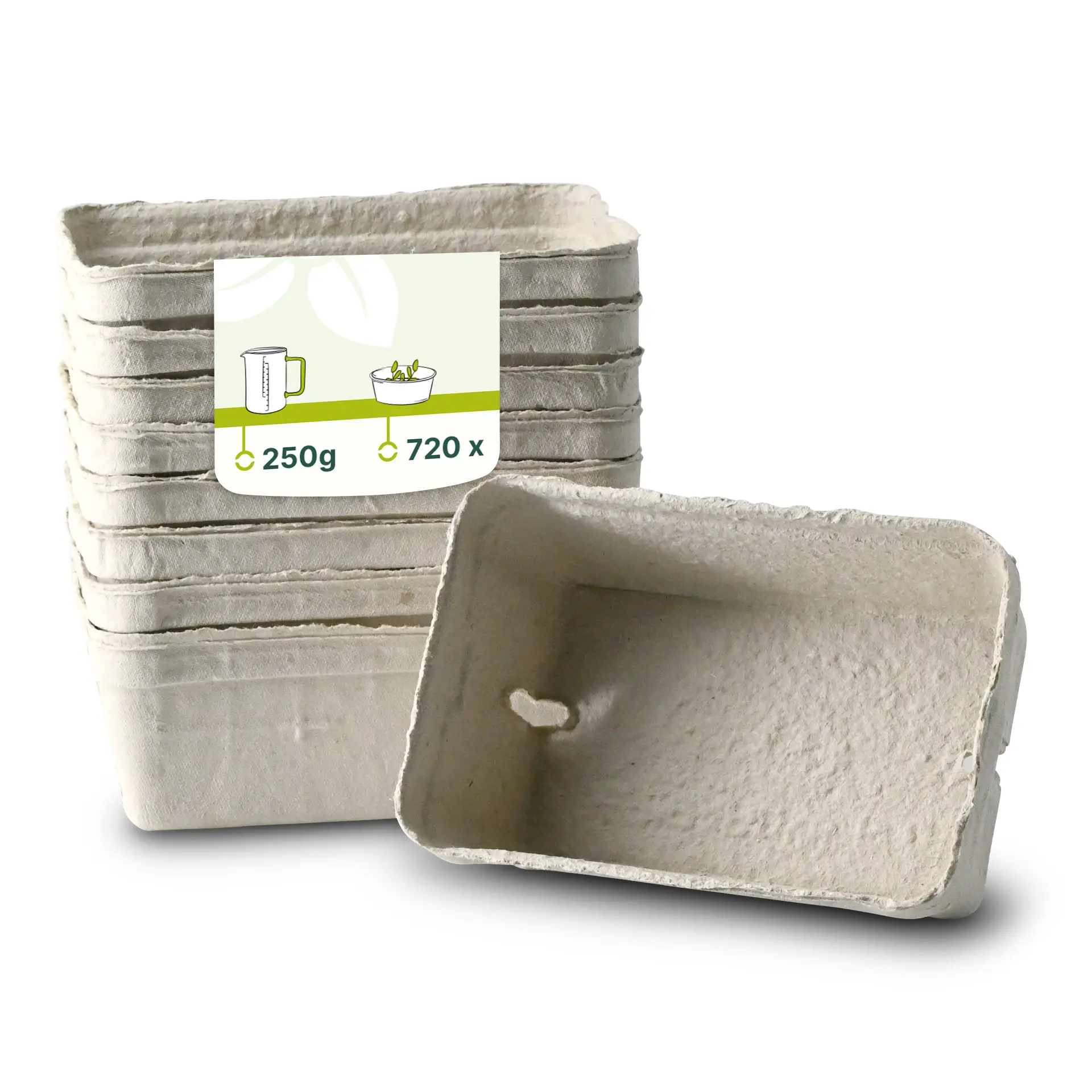 "White berry tray made from wood pulp board, suitable for fresh fruits; one tray shown with stacked trays behind."