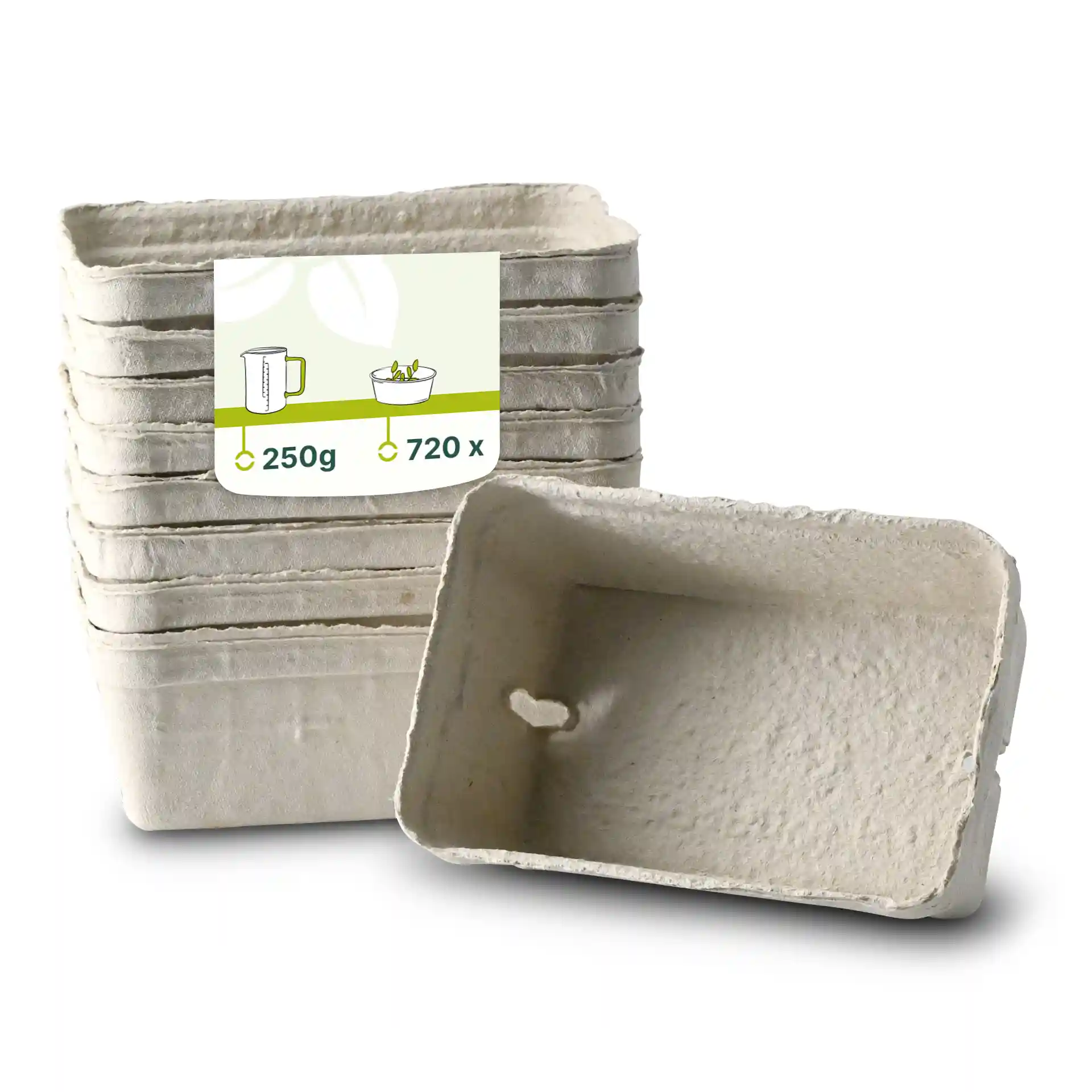 Stack of white wood pulp berry punnets with one punnet turned sideways, showing interior and dimensions.