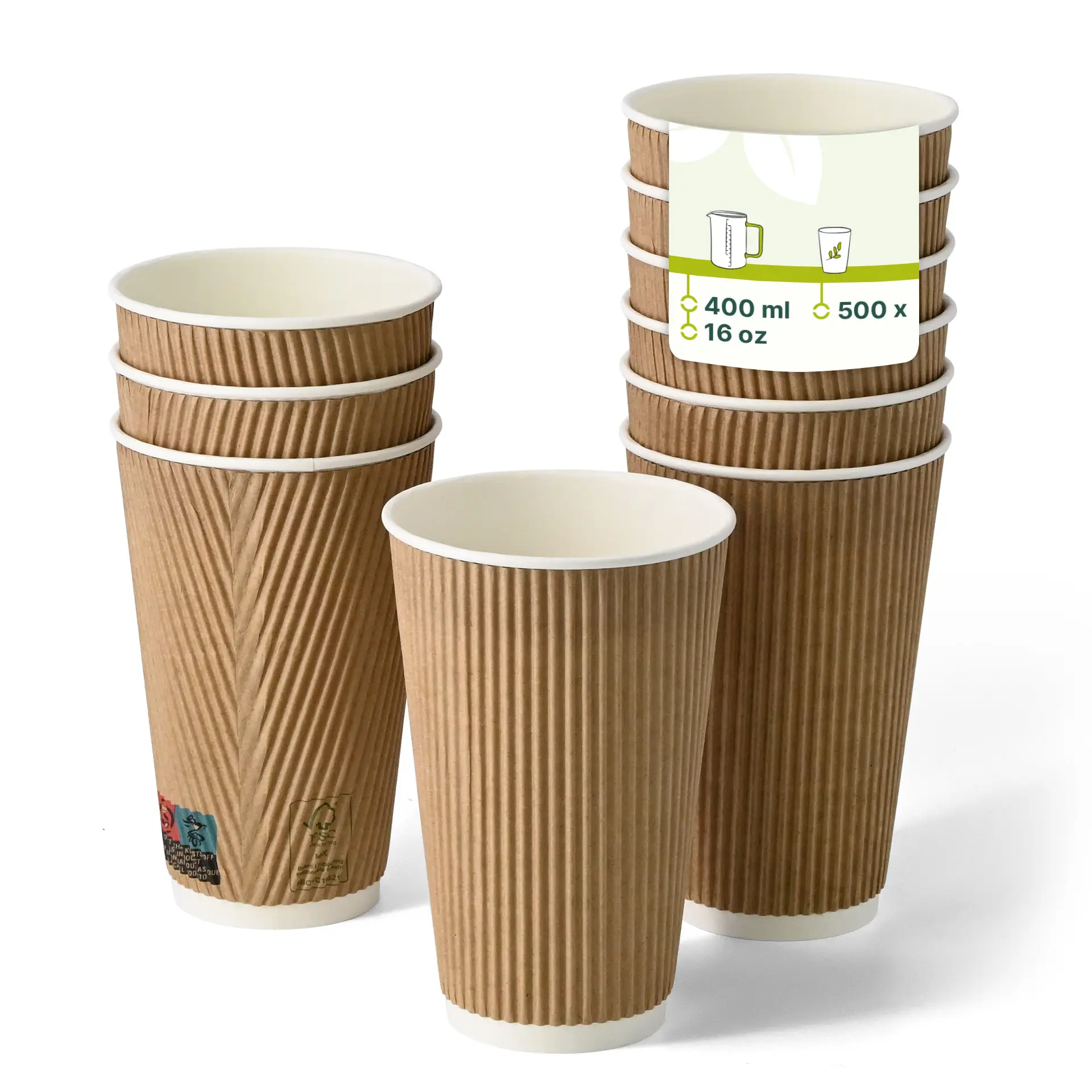 Brown ribbed disposable cups with a white interior, stacked with one cup in front, showing a height of 135 mm and diameter of 90 mm.