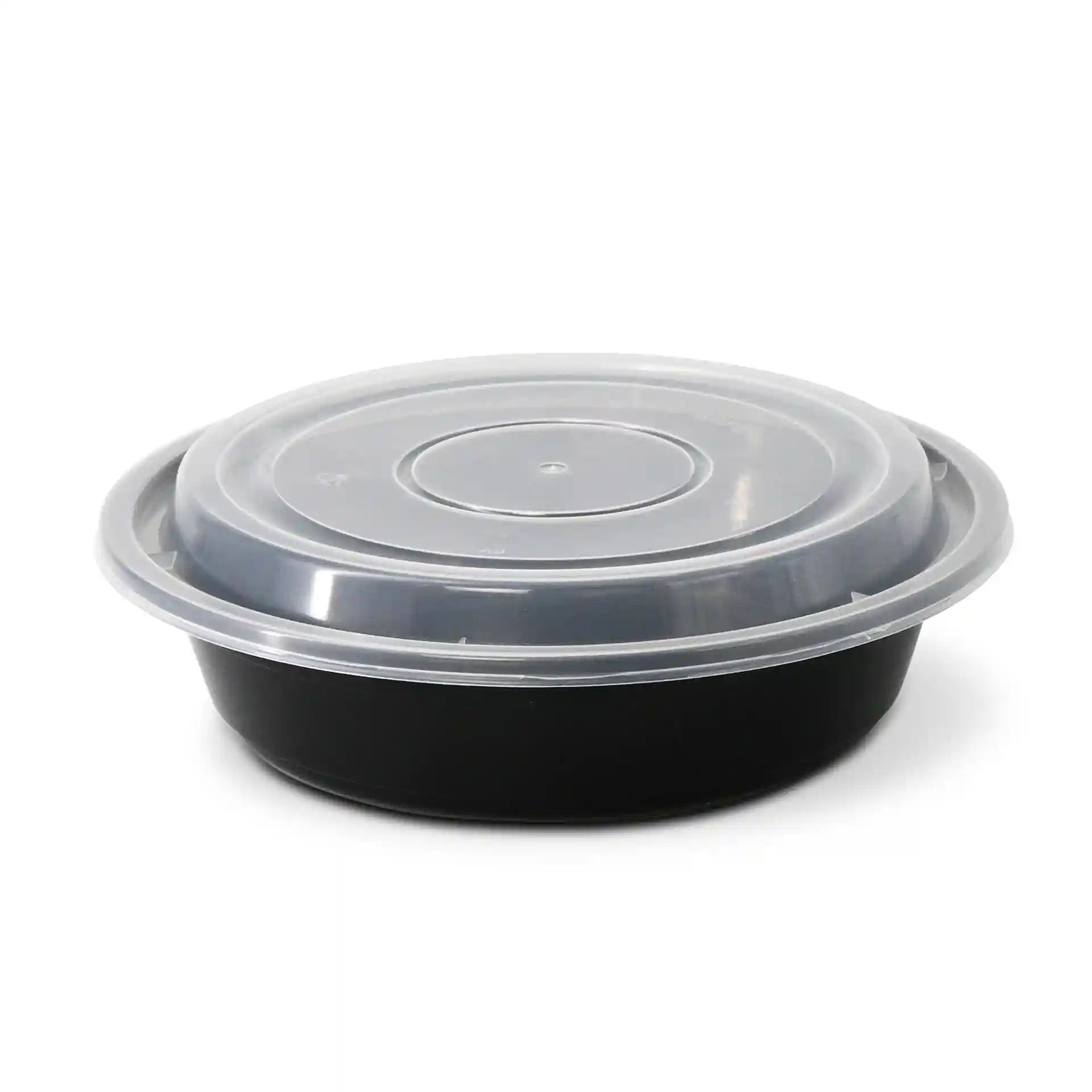 Round black reusable plate with a clear lid, 700 ml capacity, measuring 182 mm in diameter.