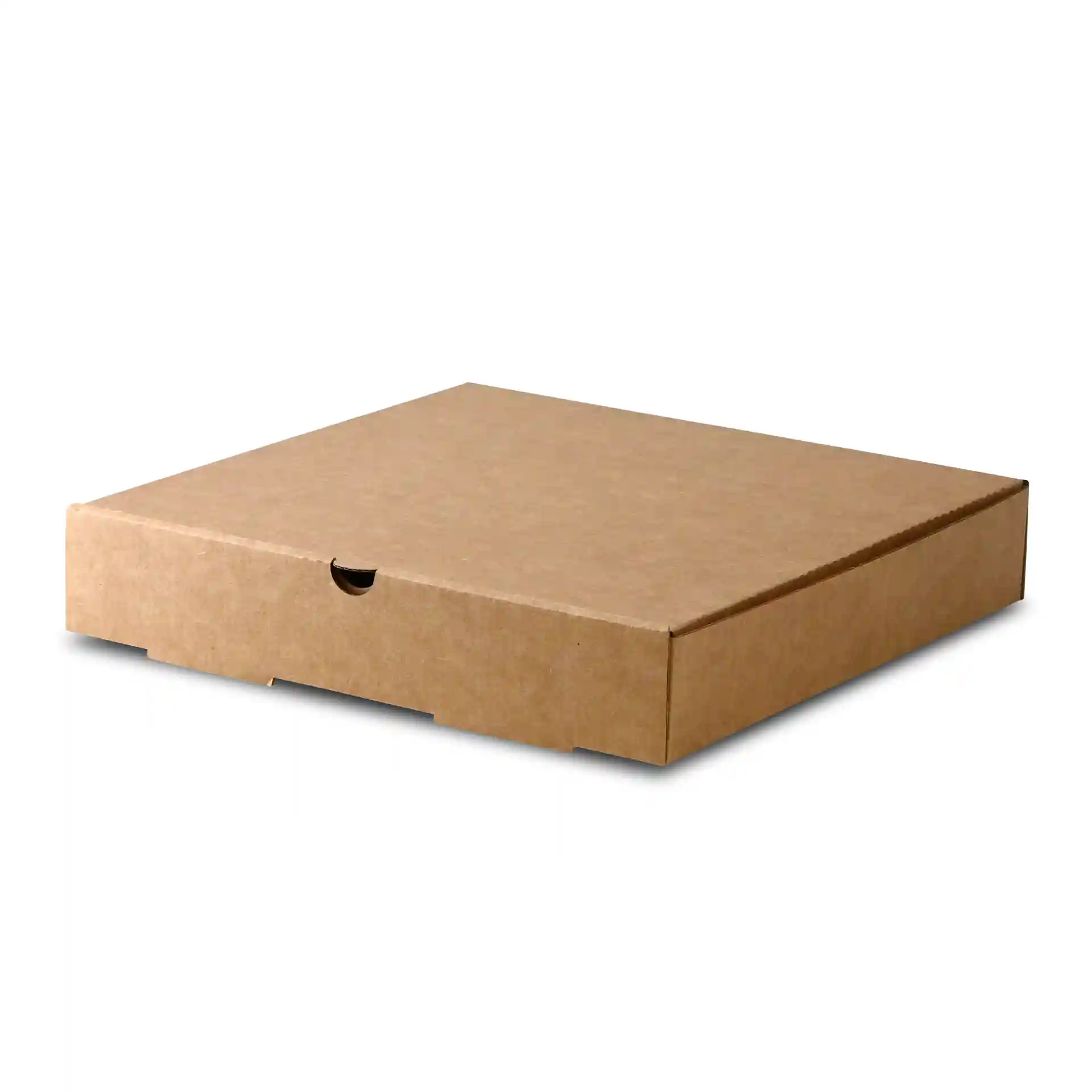 Brown square pizza box made of cardboard, measuring 26 cm in length and width, with a height of 47 mm.