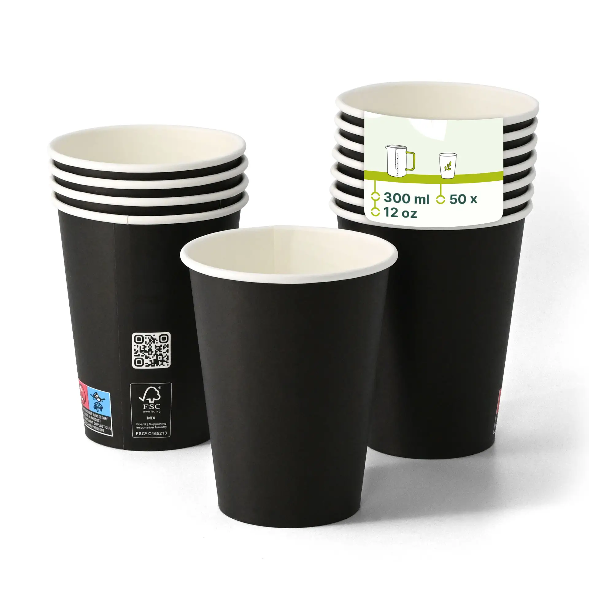 Black single-wall paper cup, 300 ml, PLA-coated, suitable for hot and cold drinks.