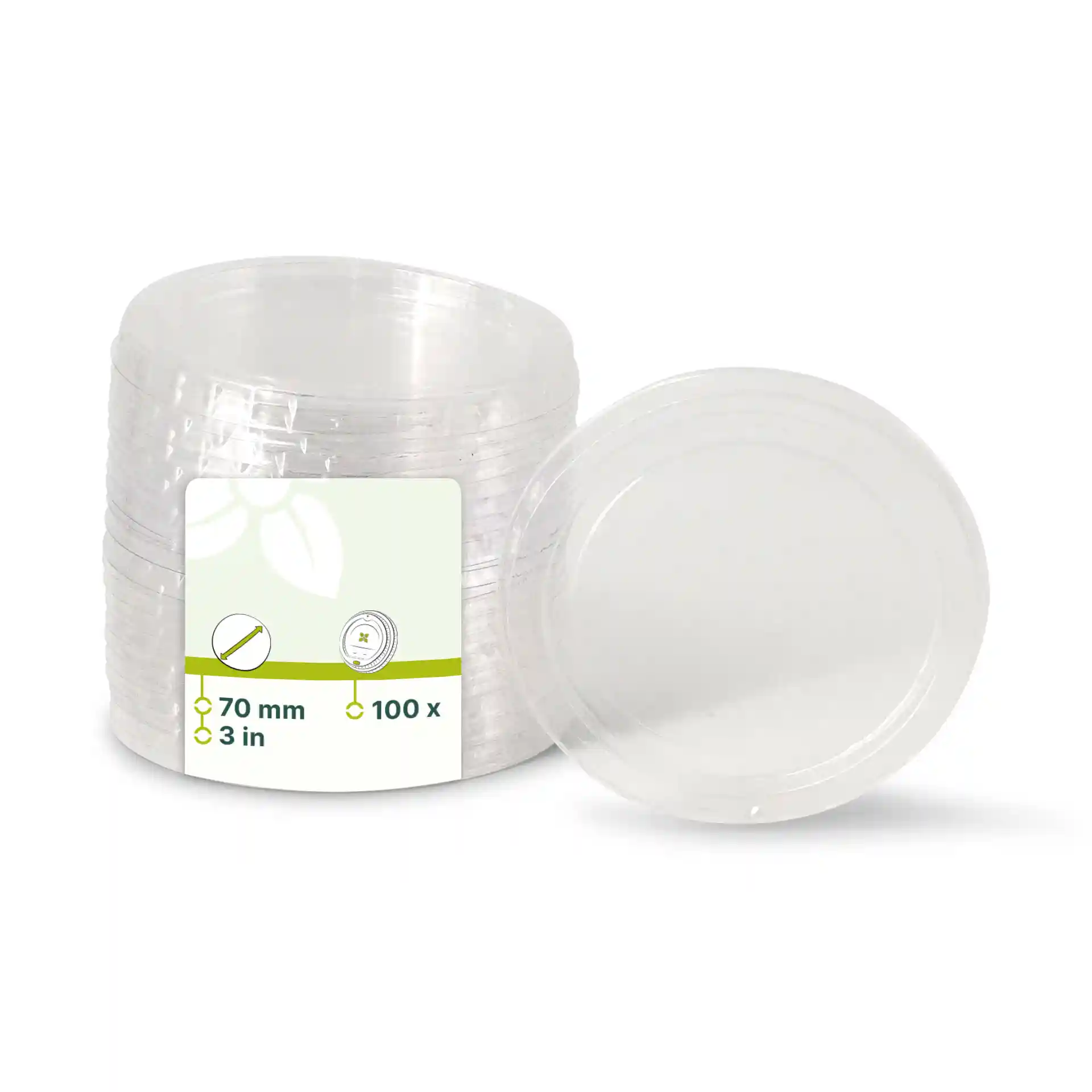 Transparent round lids with a diameter of 70 mm, stacked with one lid slightly separated from the others.