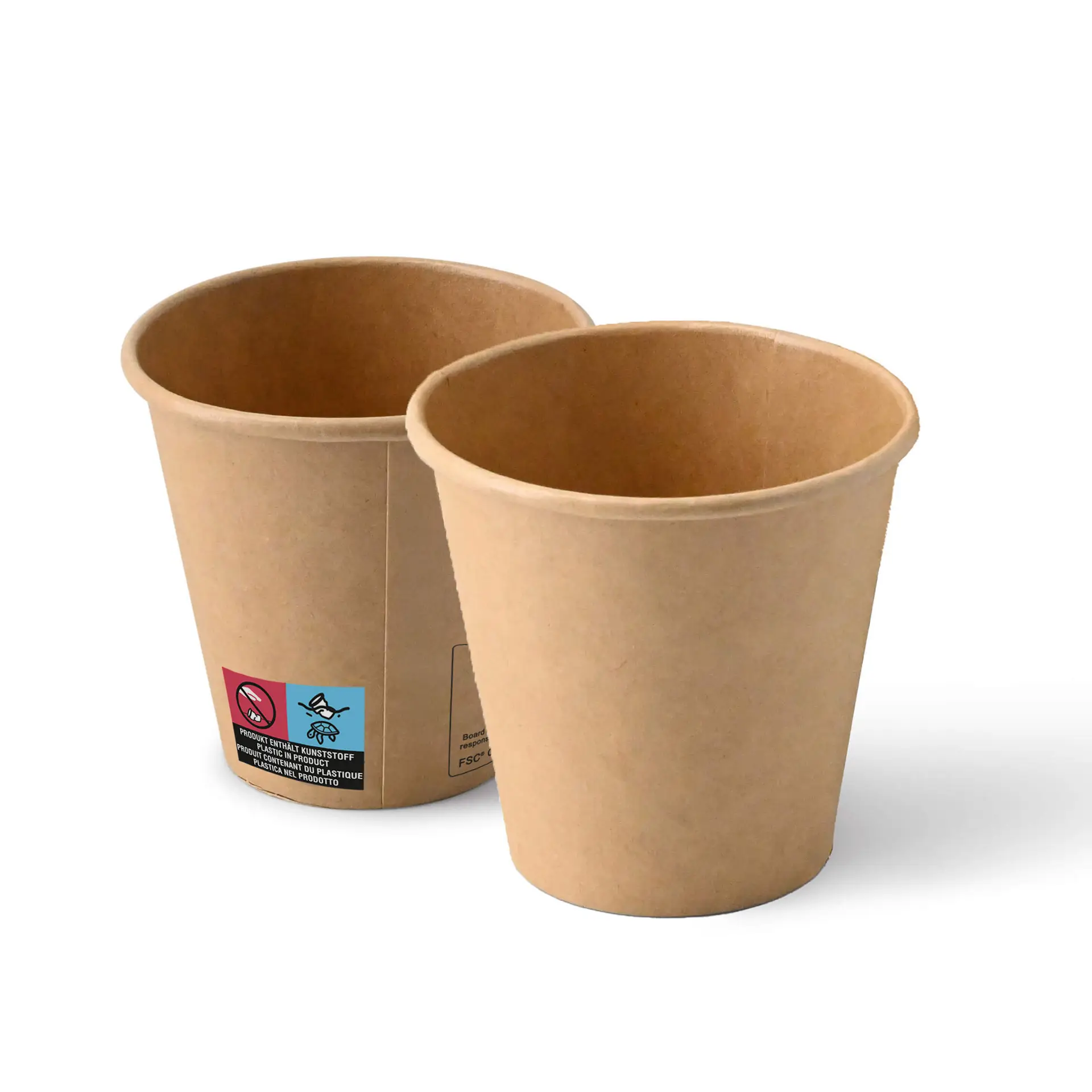Brown 6 oz paper cups with a round shape, showing two cups and a label with symbols on one side.