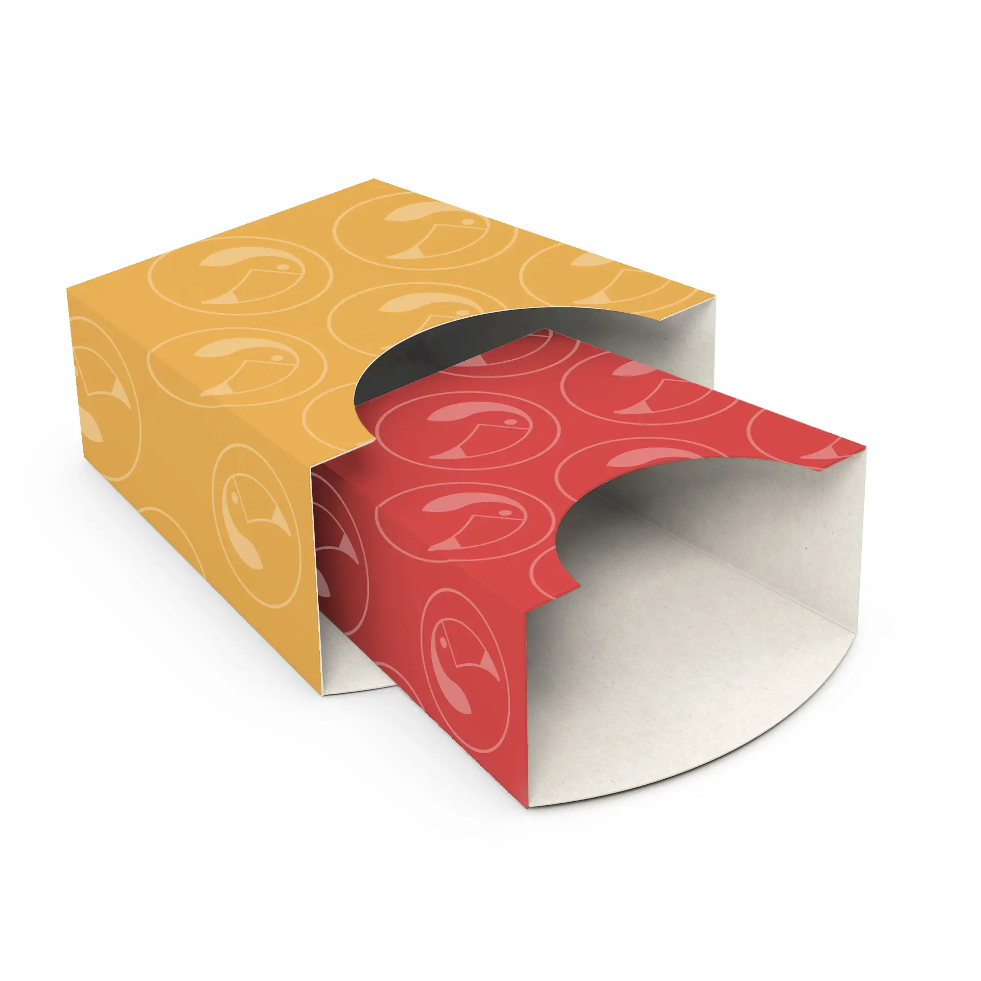 Alt text: "Rectangular French fry scoop in yellow and red cardboard, featuring a cut-out design, suitable for branding."
