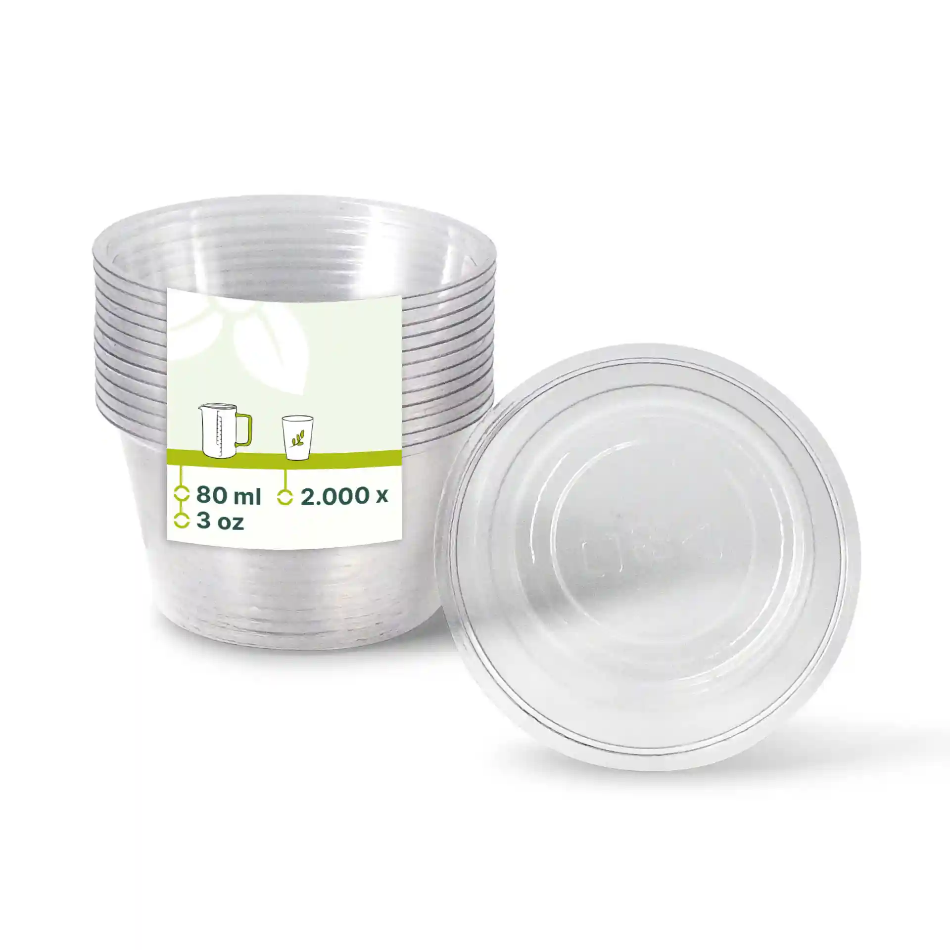 Transparent PLA portion cups with a diameter of 70 mm, stacked with a label showing volume and quantity.