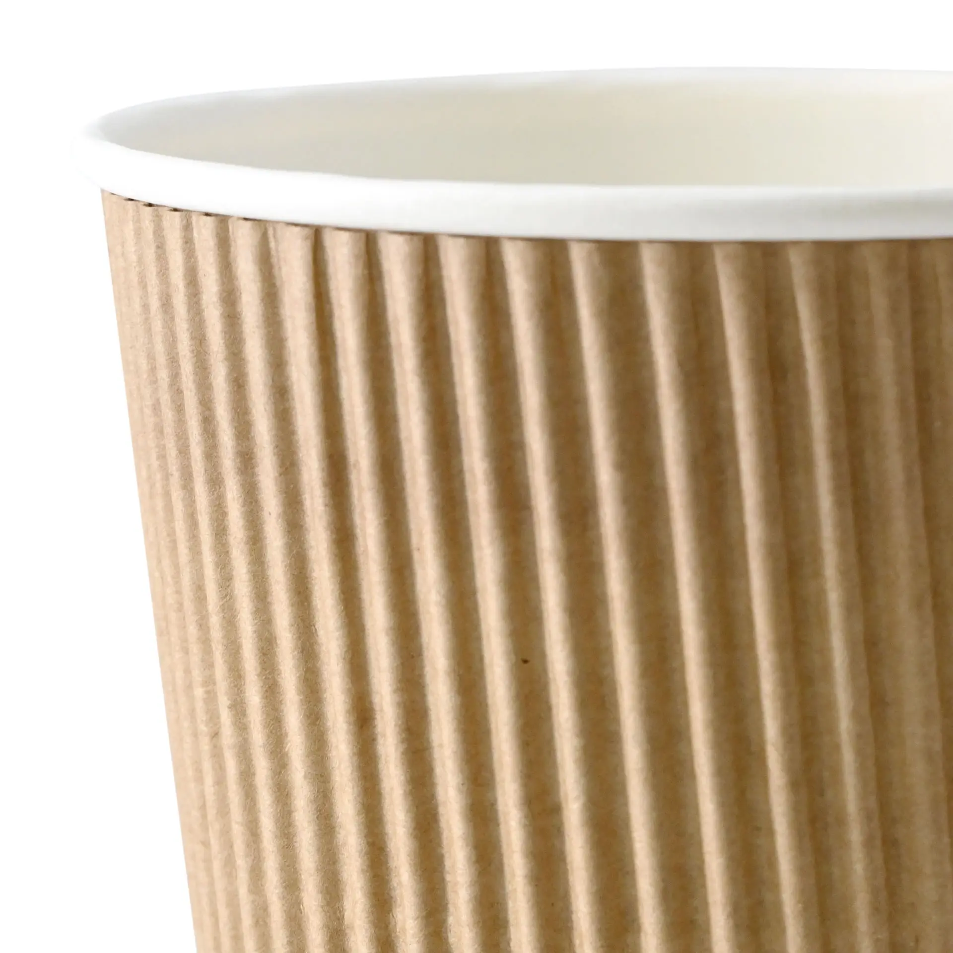 Brown ribbed cup with a white interior, 16 oz size, shown from an angle highlighting the ribbed texture.