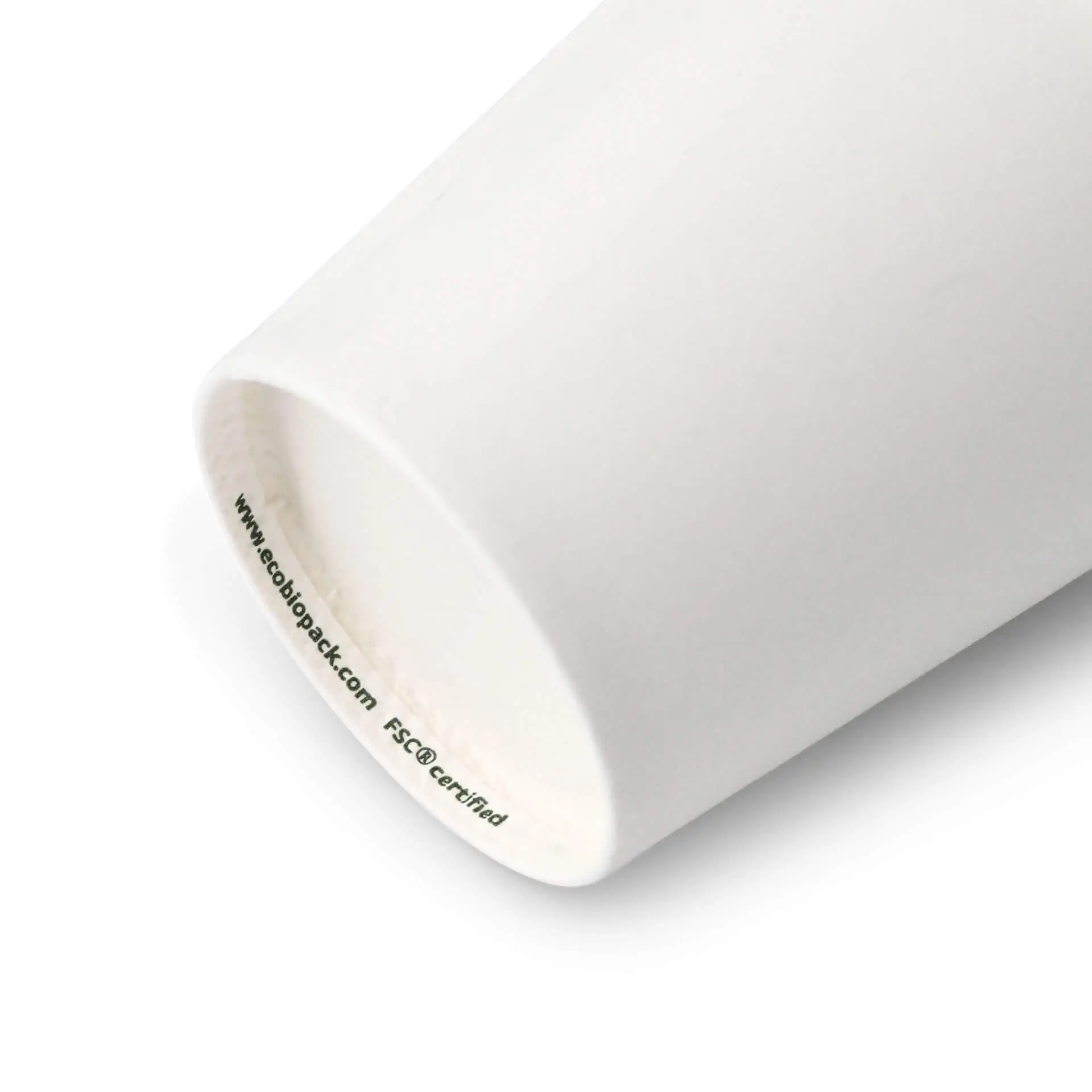 White paper cup with a round shape, showing the inner rim and a visible label at the bottom.