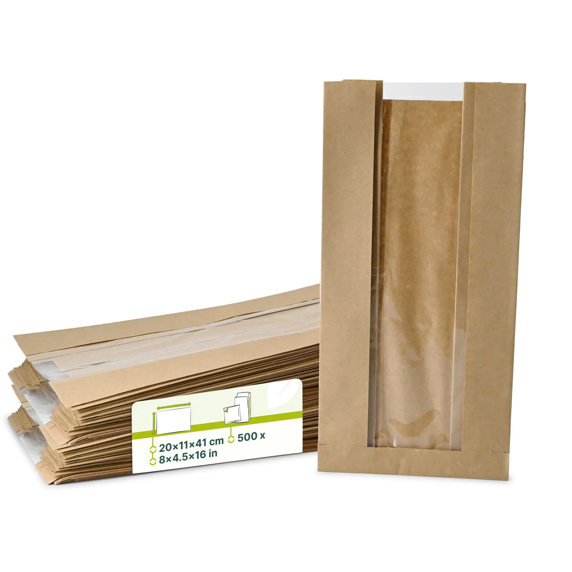 Flat paper bread bag with Window L, 20 x 11 x 41 cm, brown
