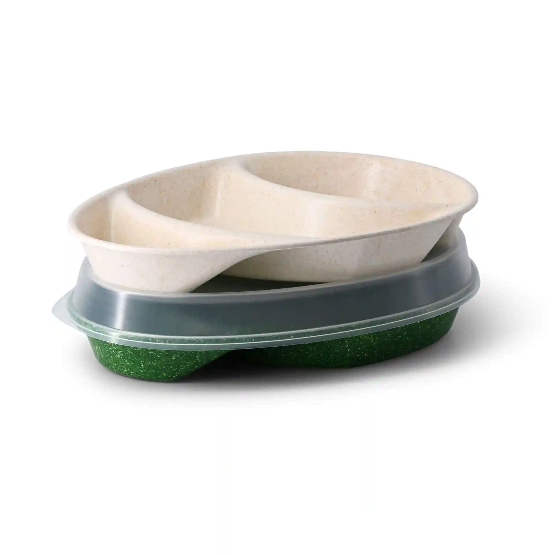 Reusable menu plate with three compartments in cream white, stacked with a green base and a transparent lid.