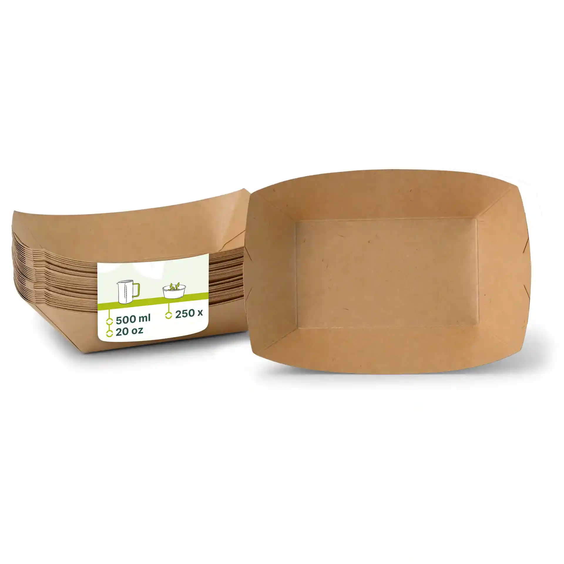 Brown cardboard snack trays stacked, showing one tray with a label indicating 500 ml capacity and dimensions.
