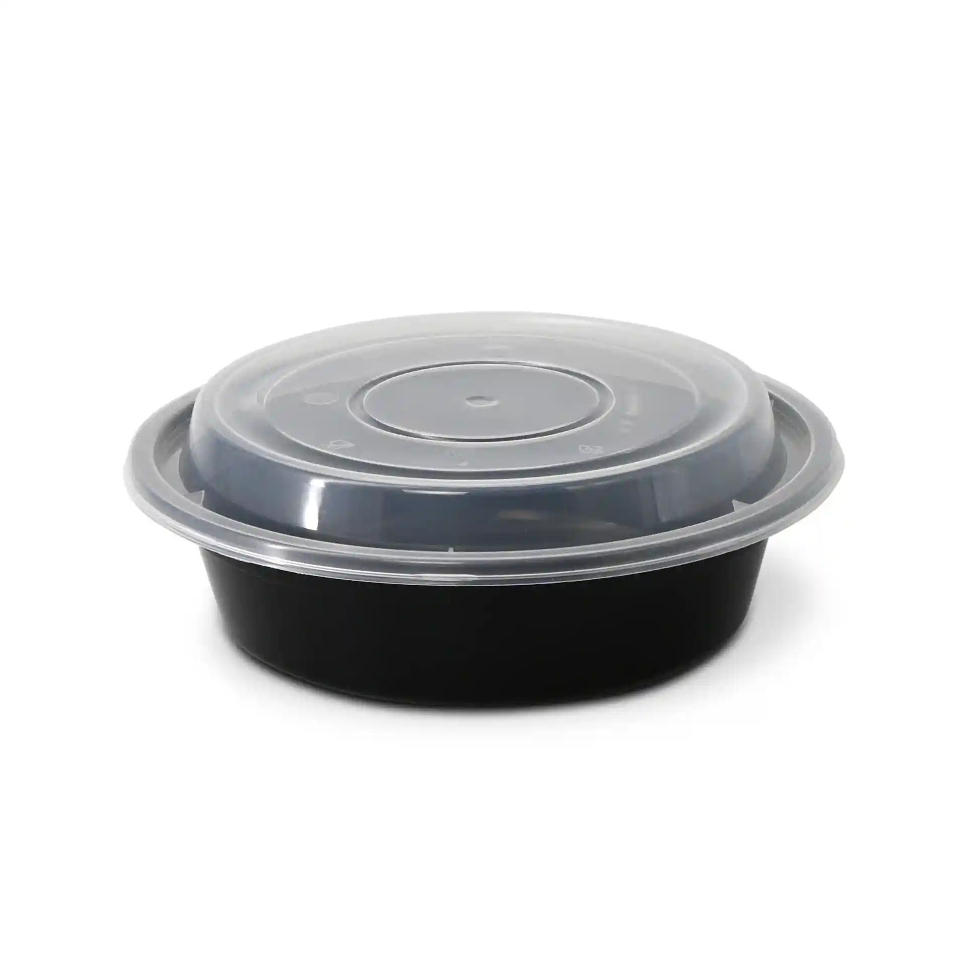 Round black reusable plate with a clear lid, 450 ml capacity, measuring 158 mm in diameter.