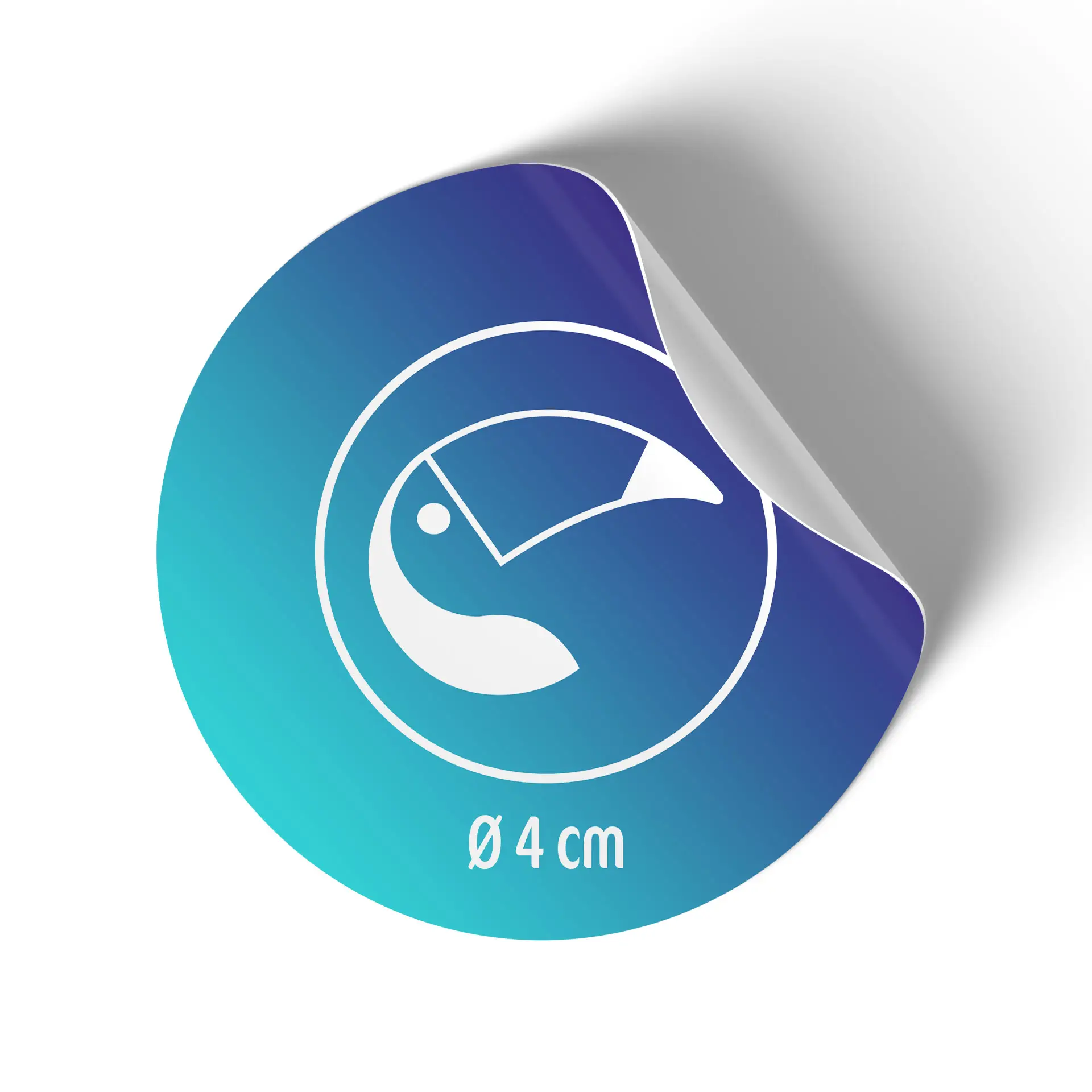 Round sticker with blue gradient and white icon, featuring a circular design and a diameter indication of 4 cm.