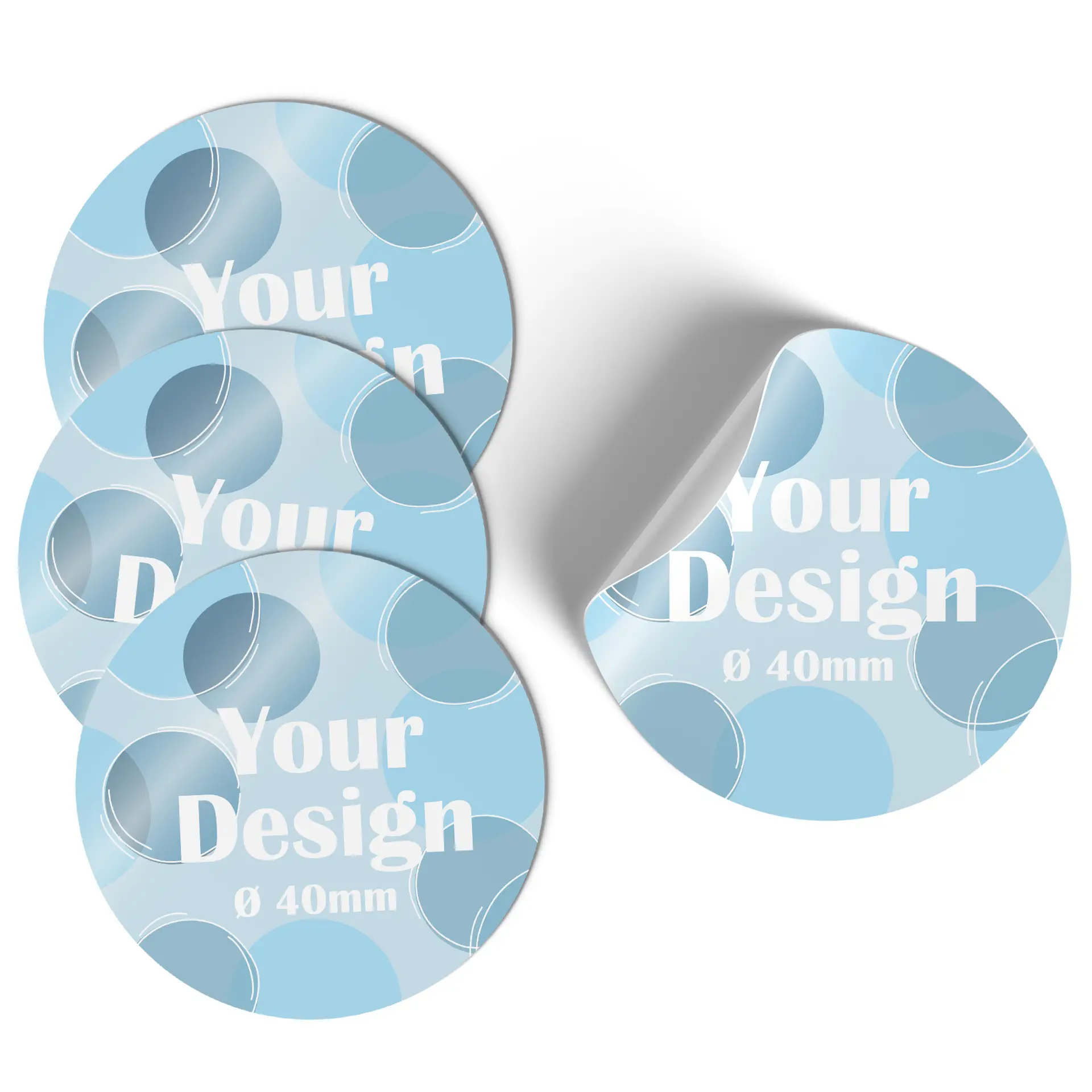 Round sticker with blue gradient and white icon, featuring a circular design and a diameter indication of 4 cm.