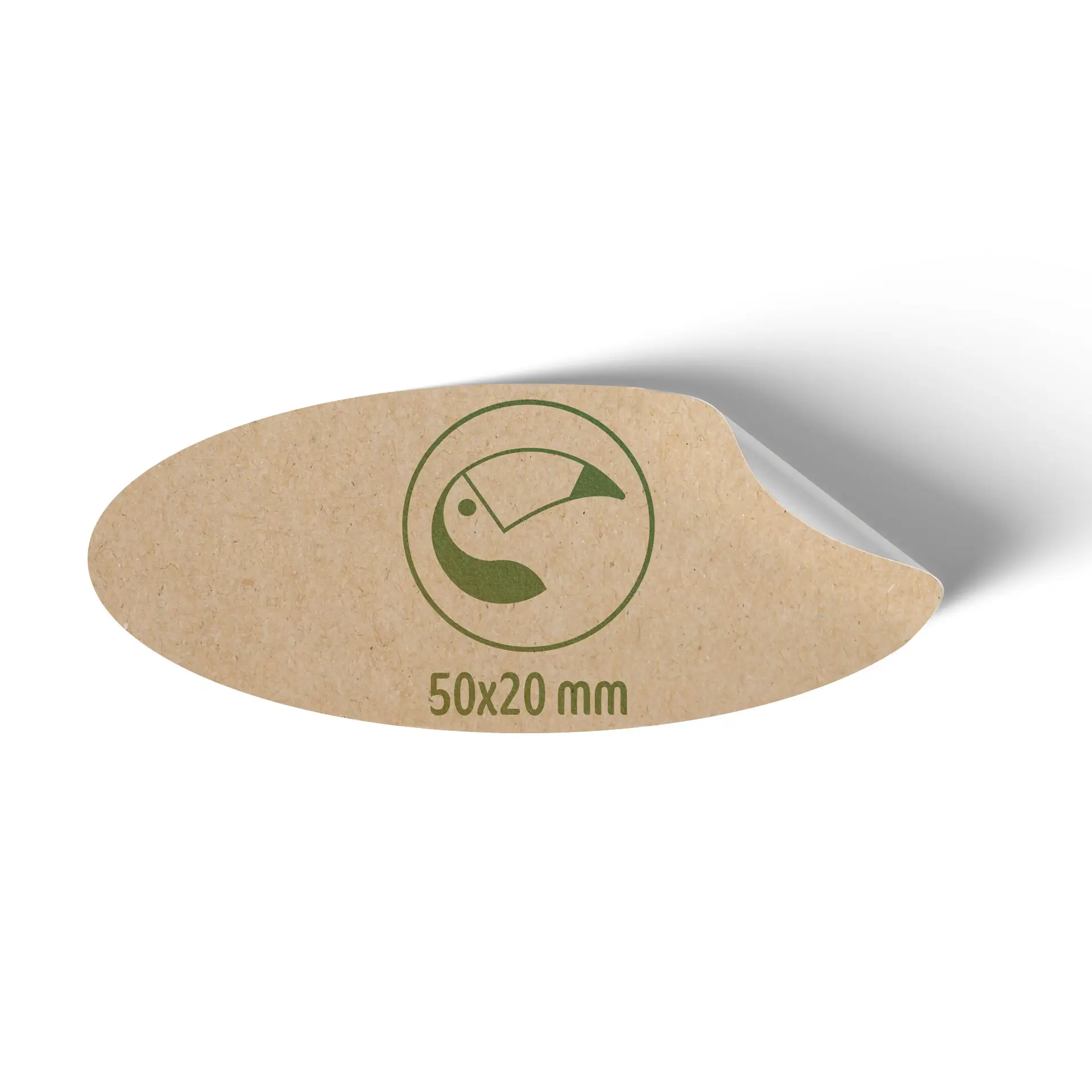 Label showing a beige oval shape with a green icon and measurements of 50x20 mm.