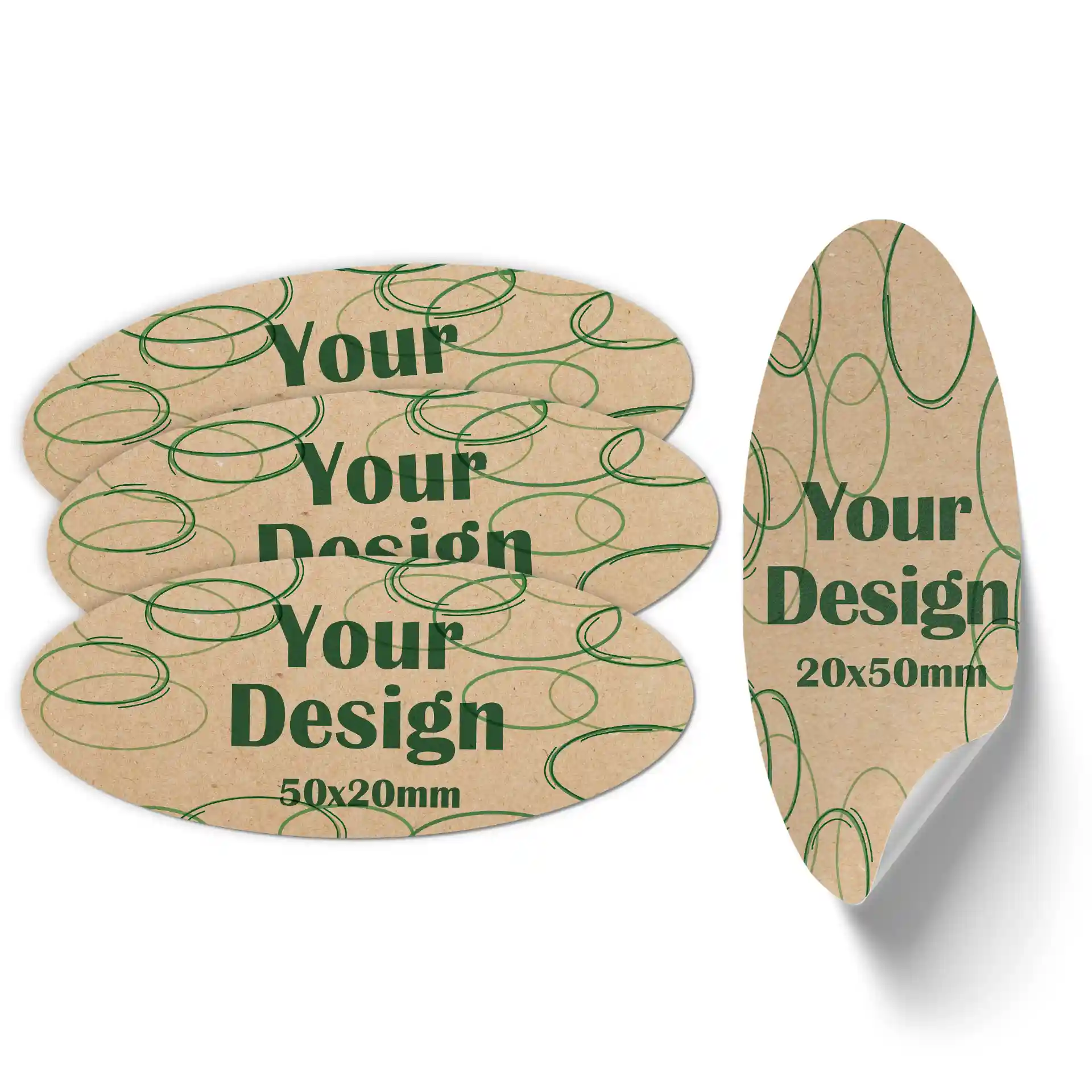 Oval printed labels on brown matte kraft paper, featuring green circular designs and text, measuring 20x50 mm.