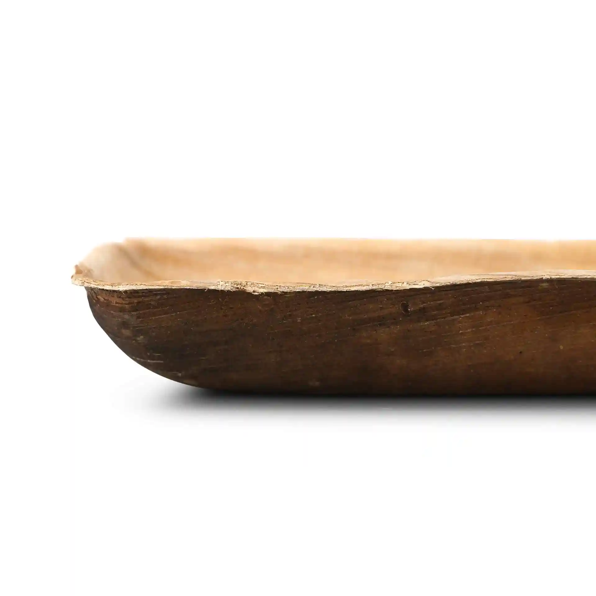 Rectangular palm leaf bowl with a grain color, showing a deep profile and flat rim.