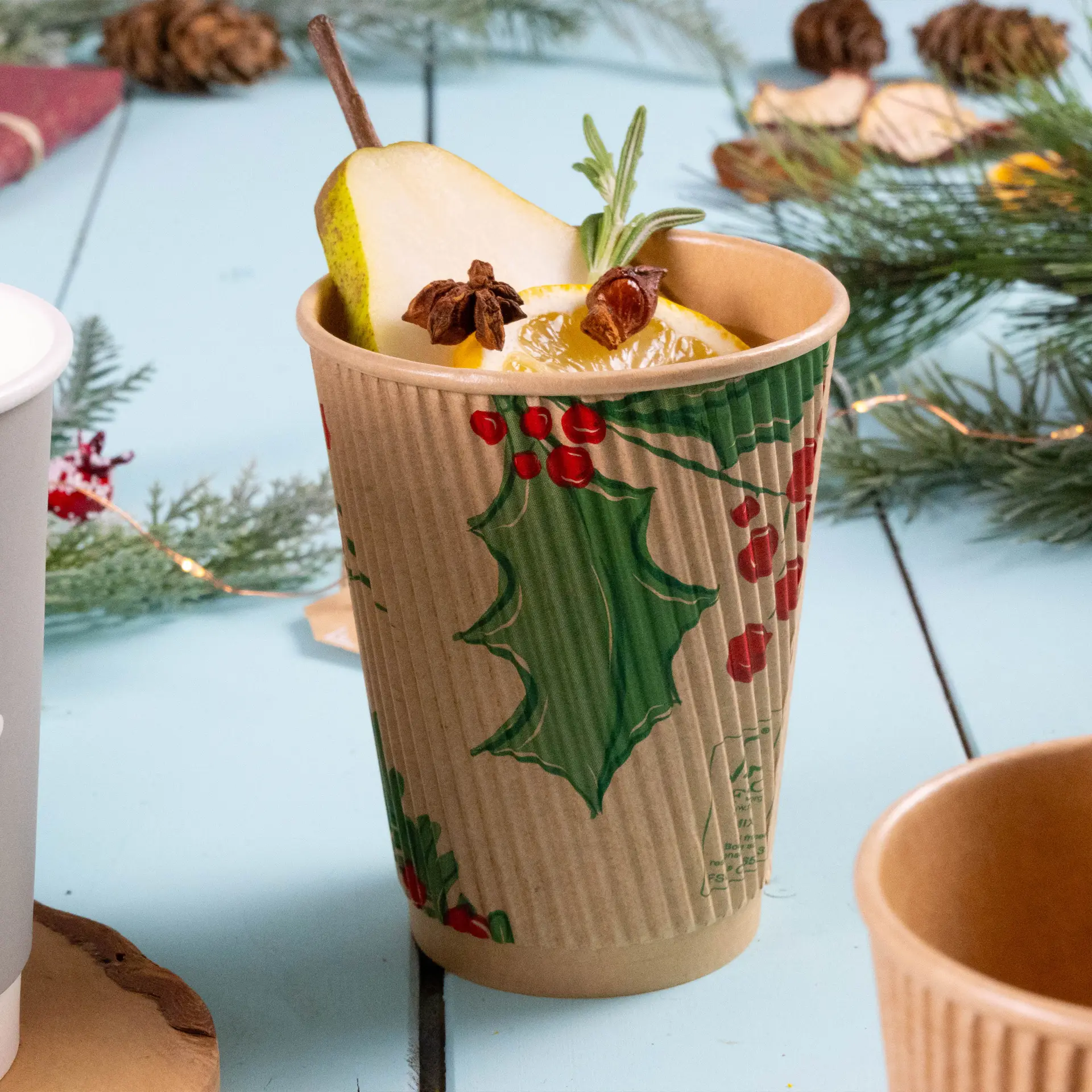 Ribbed cup printed, 300 ml / 12 oz, brown, PLA-coated