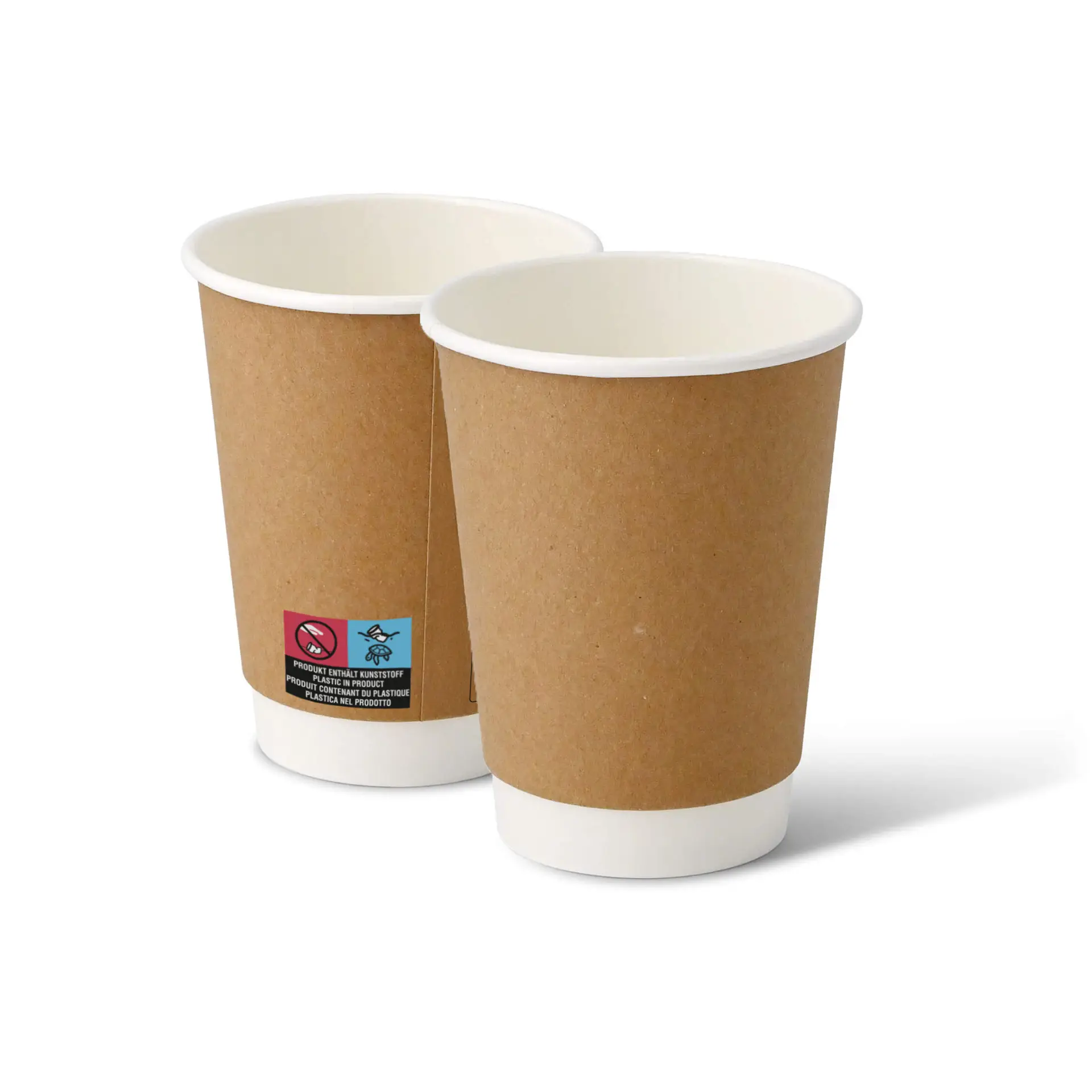 Two brown double-walled cardboard coffee cups with white inner lining, one slightly behind the other.