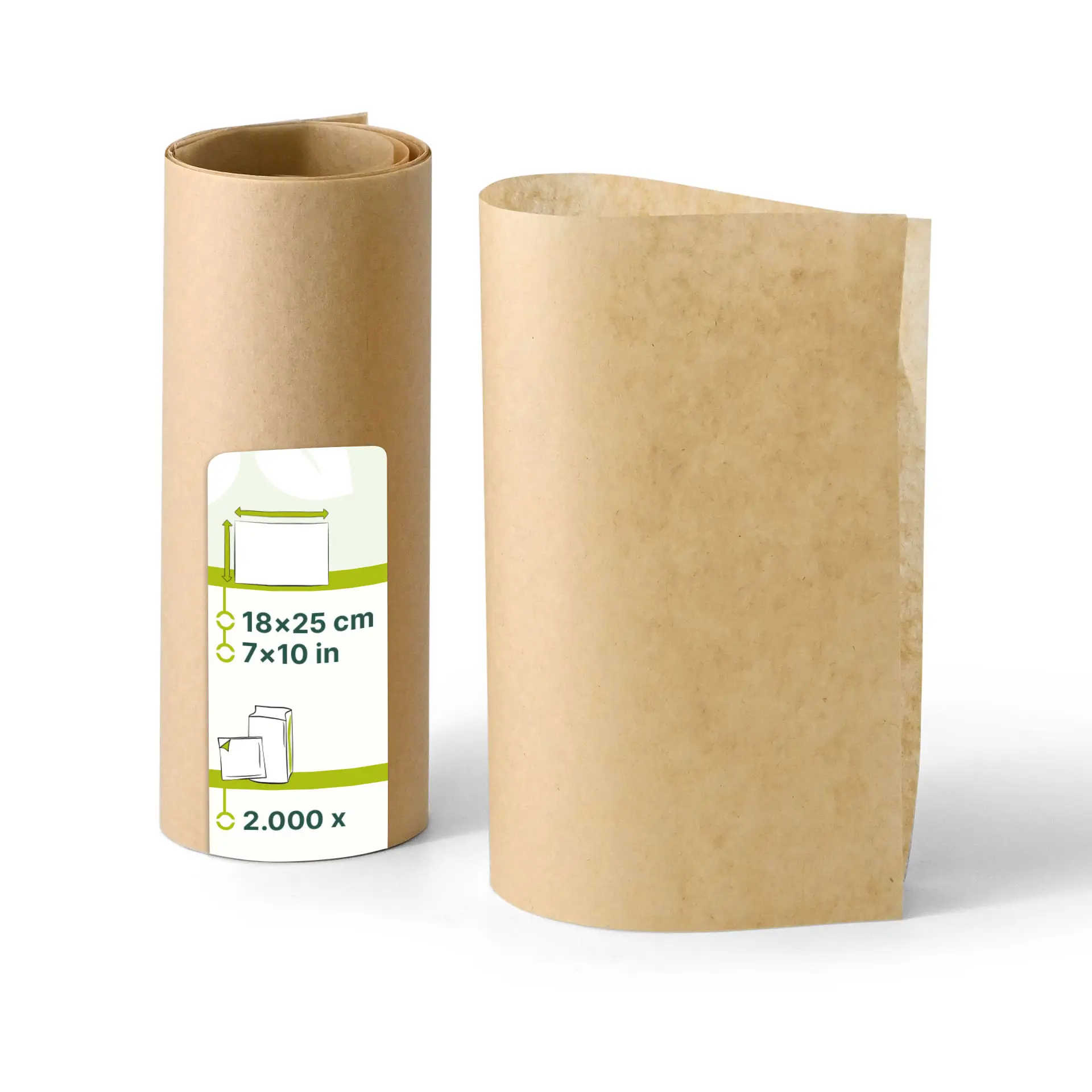 Brown greaseproof wrapping paper, pre-cut to 18 x 25 cm, suitable for hot, cold, and greasy foods.