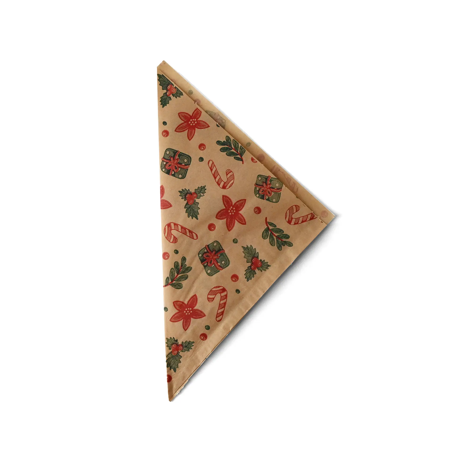 Brown greaseproof bag with winter design, featuring red flowers, candy canes, and gifts, measuring 19 x 19 cm.