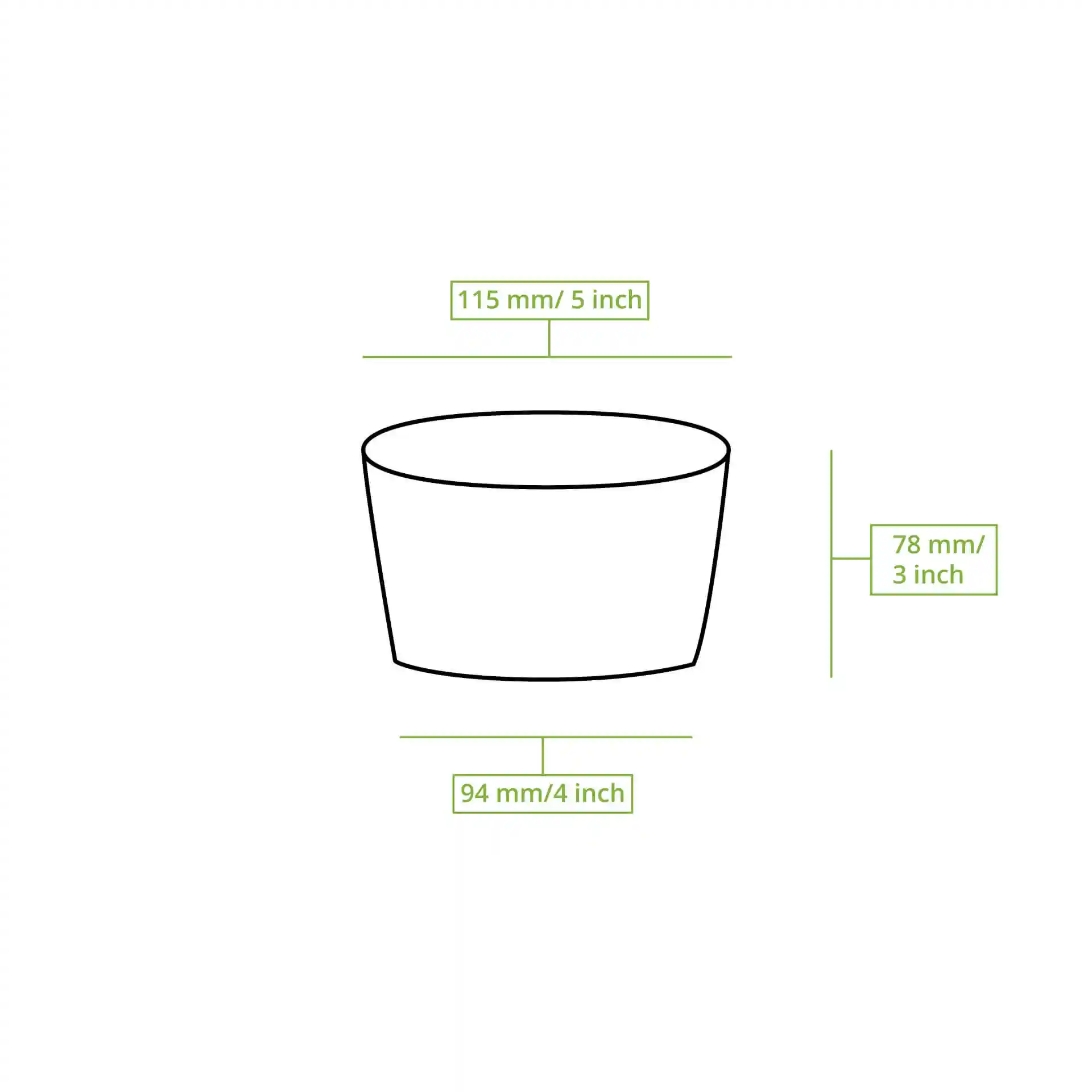 Schematic drawing of a round cardboard soup container with dimensions labeled: 115 mm diameter, 78 mm height, and 94 mm bottom diameter.