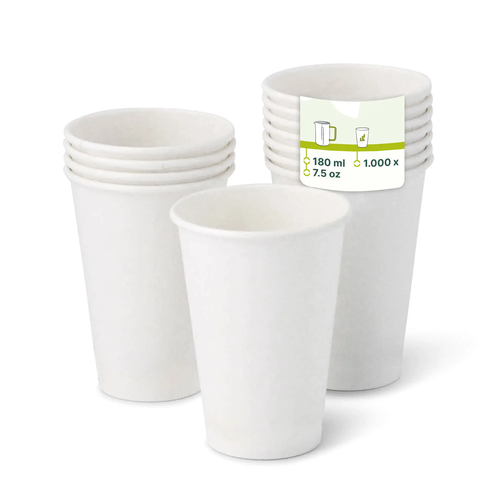 White paper cups stacked, showing one cup in front with a label indicating 180 ml capacity.